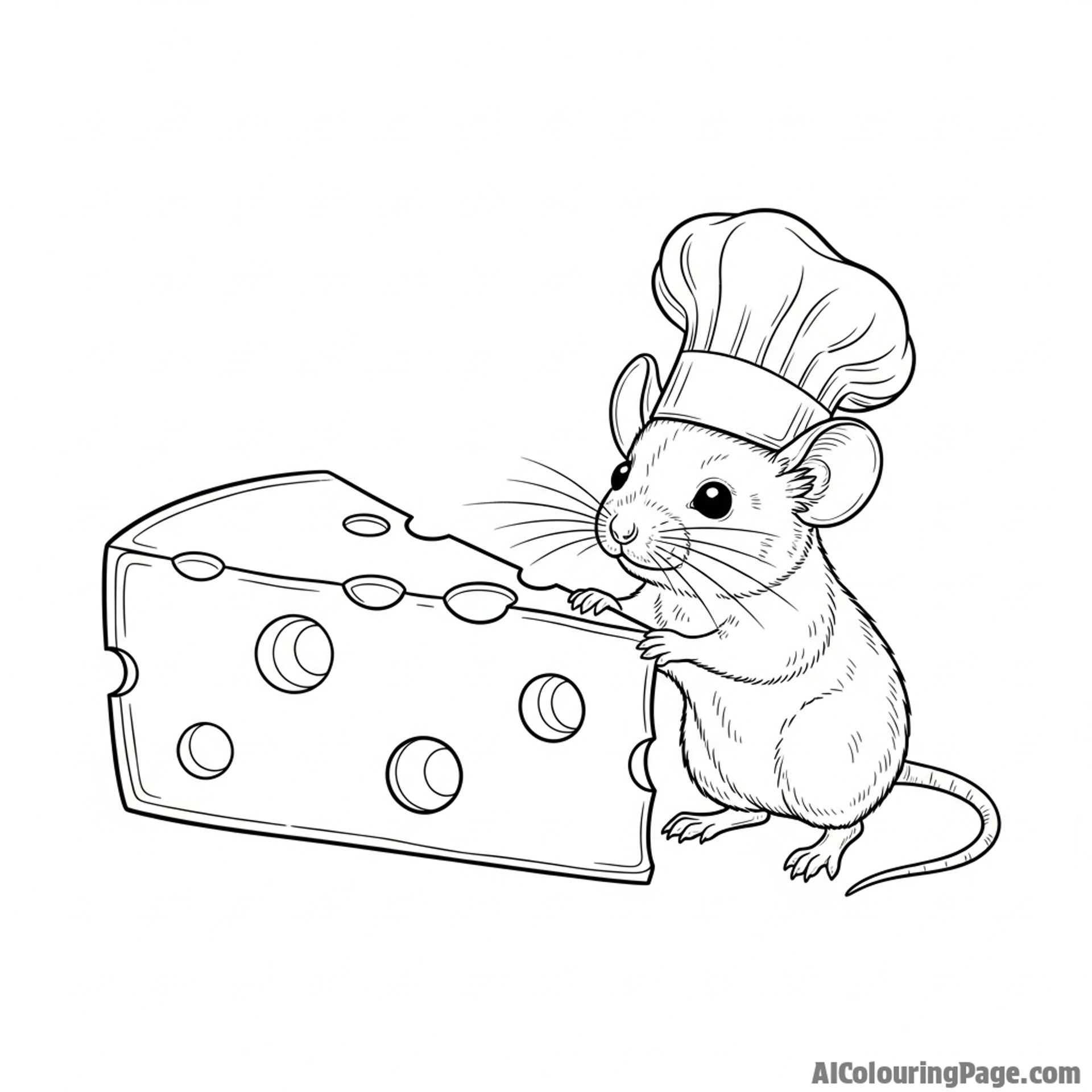 A tiny mouse wearing a miniature chef hat, standing next to a large wedge of cheese.