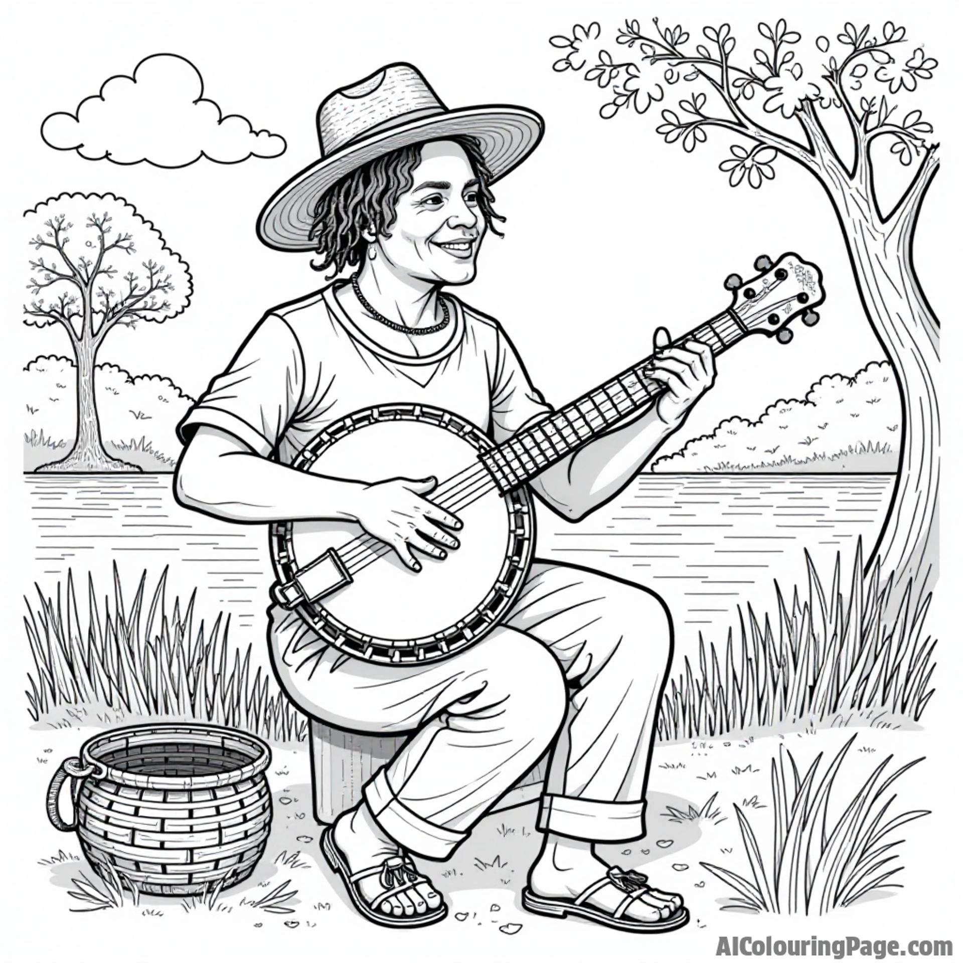 A lively Gullah character playing the banjo, with a basket of sweetgrass and vibrant Lowcountry scenery in the background.