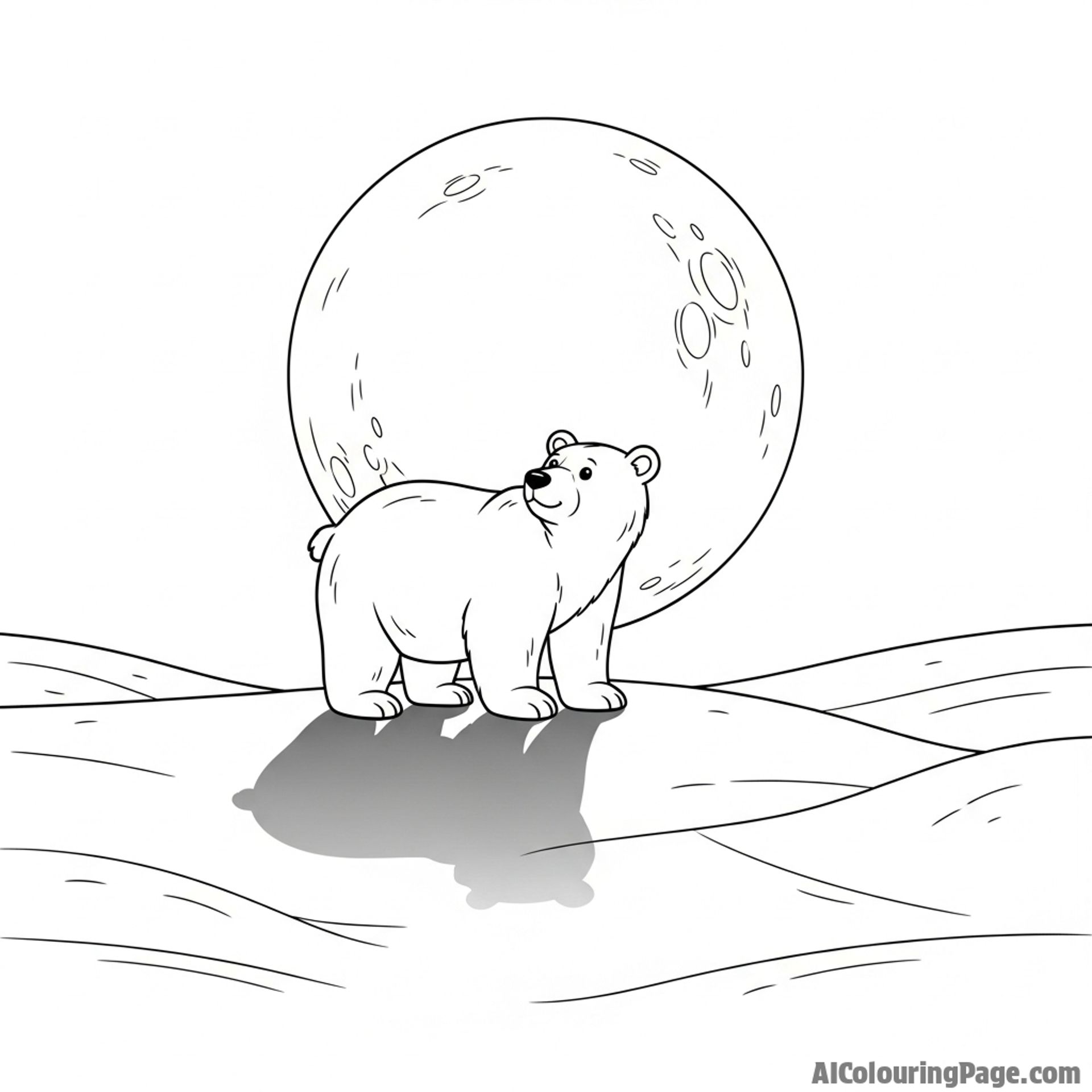 A polar bear backlit by a full moon, casting a long shadow on the snow.