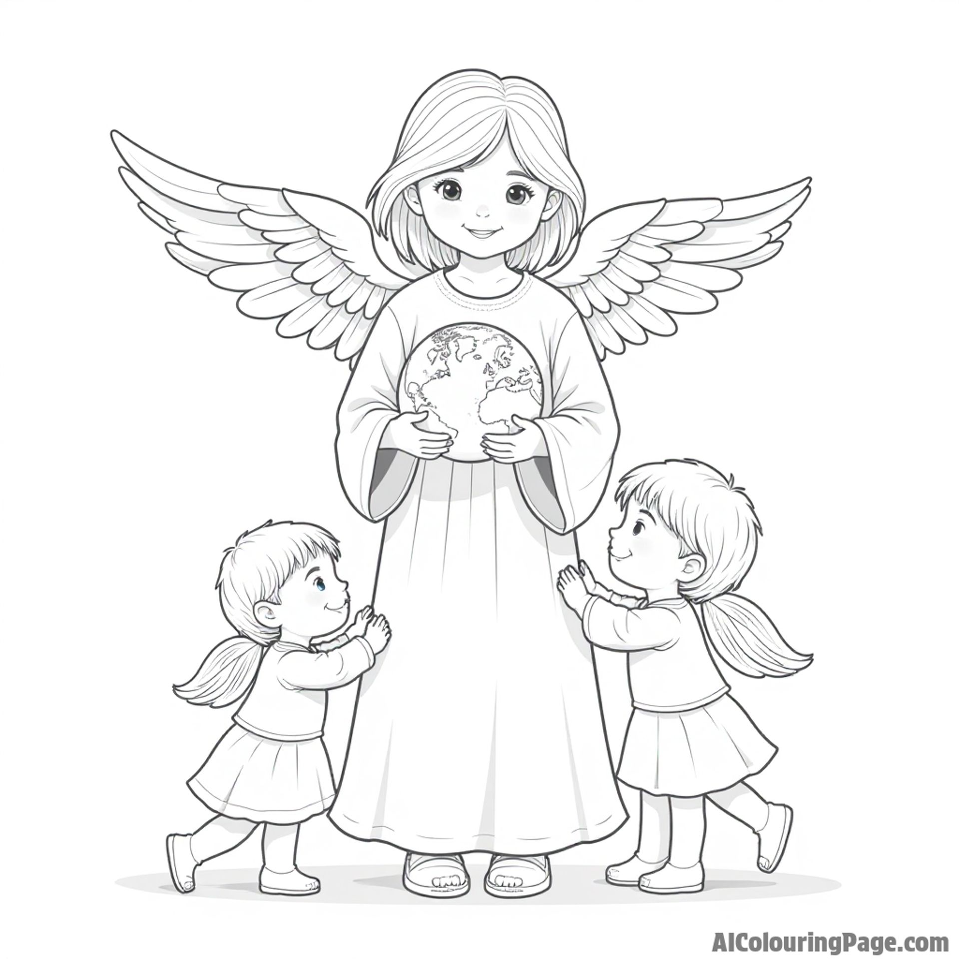An angel holding a small globe while surrounded by children from different cultures playing together.