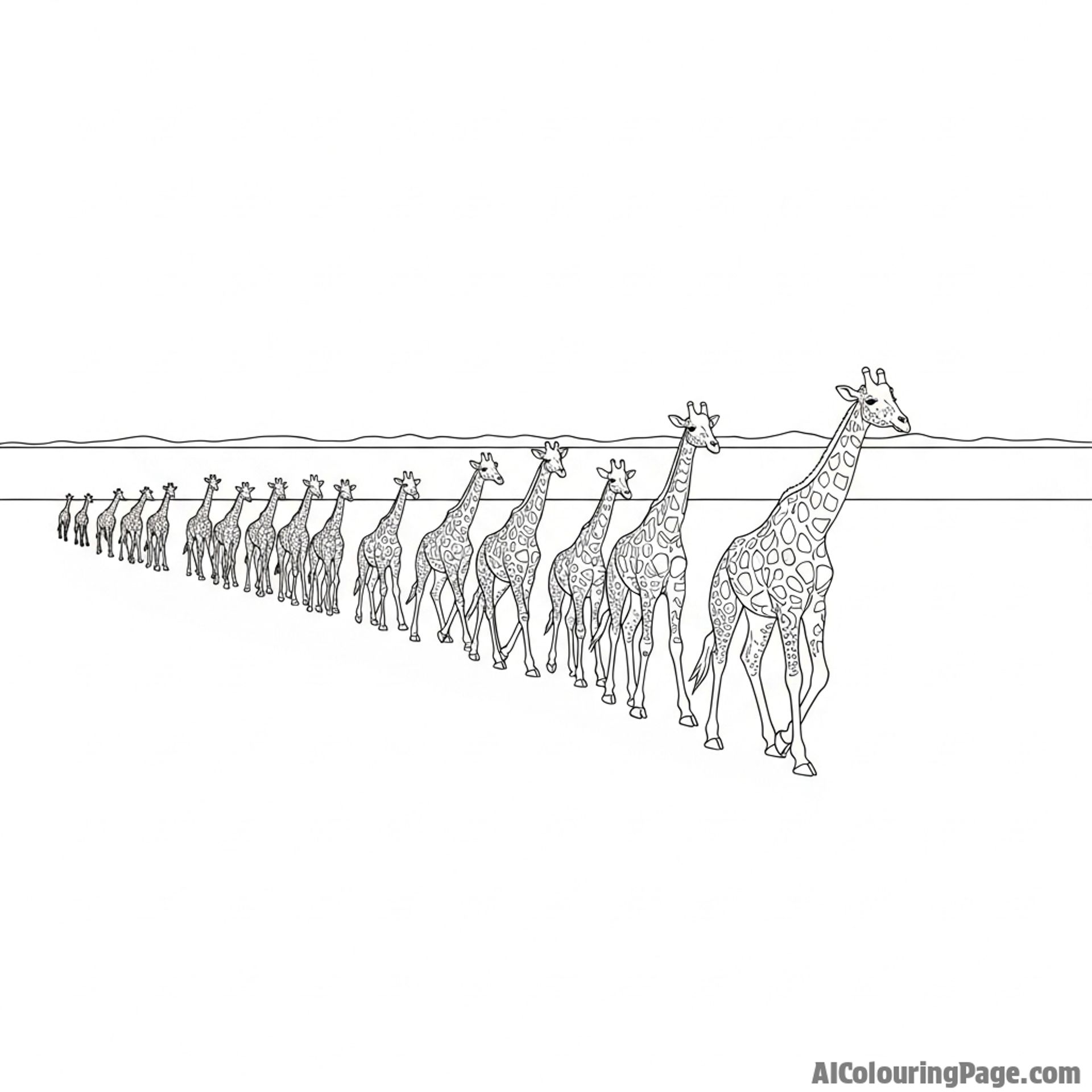 A herd of giraffes walking in a single file line toward the distant horizon.