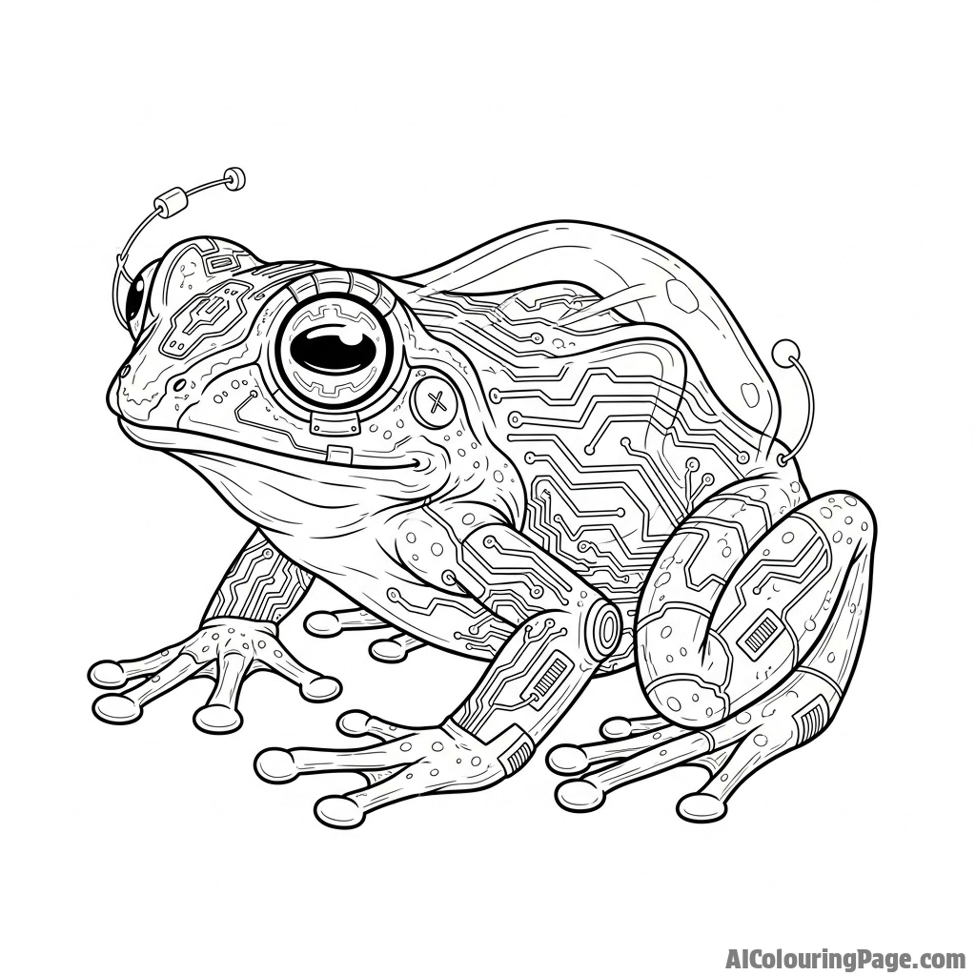 A cyberpunk frog with glowing neon circuits integrated into its body.