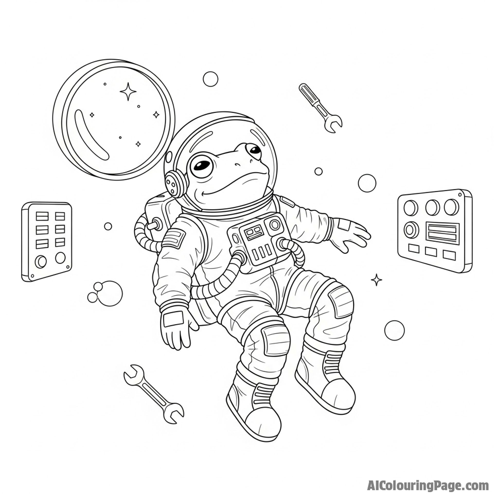 An astronaut frog floating in zero gravity inside a spaceship.