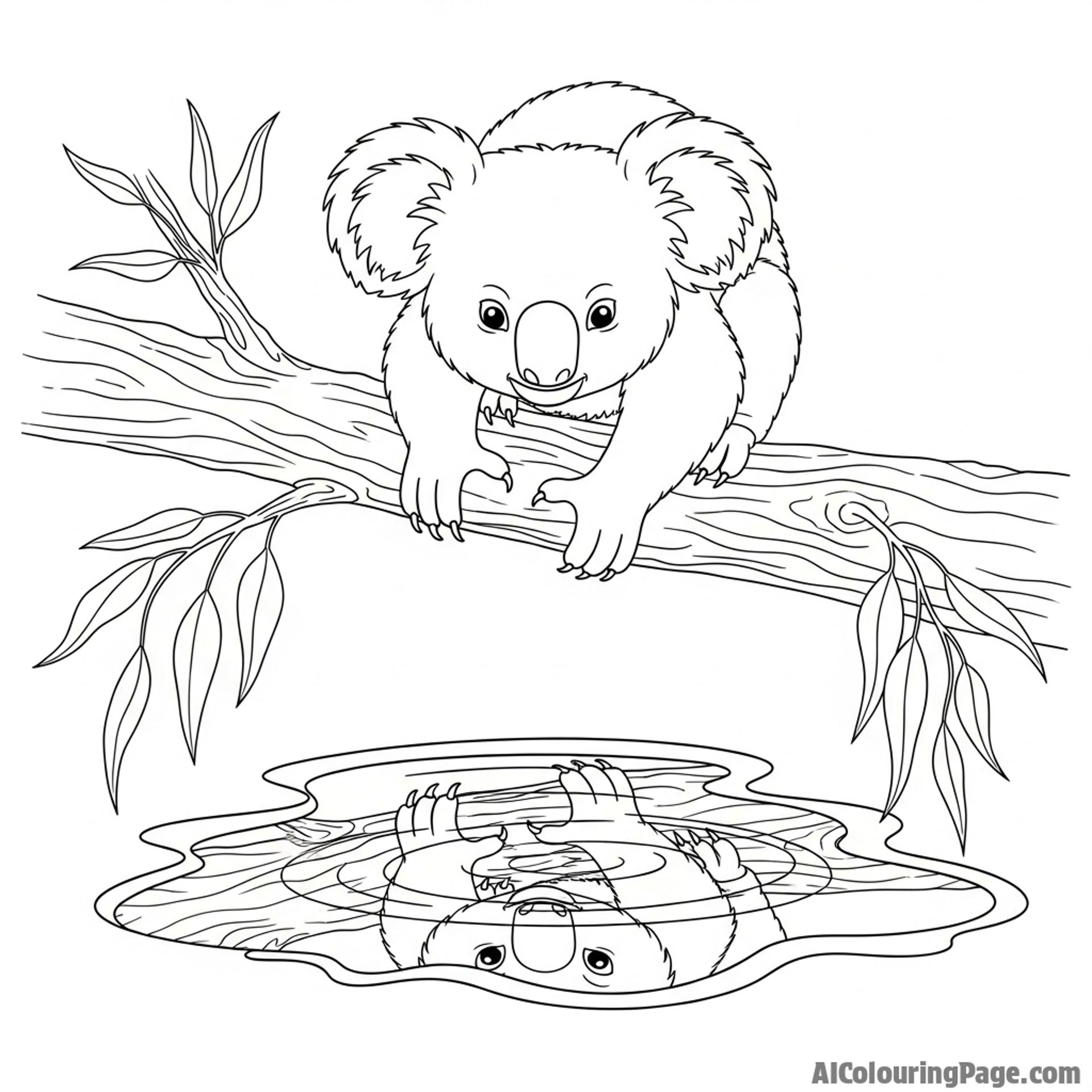 A koala looking down from its branch at its own reflection in a puddle.