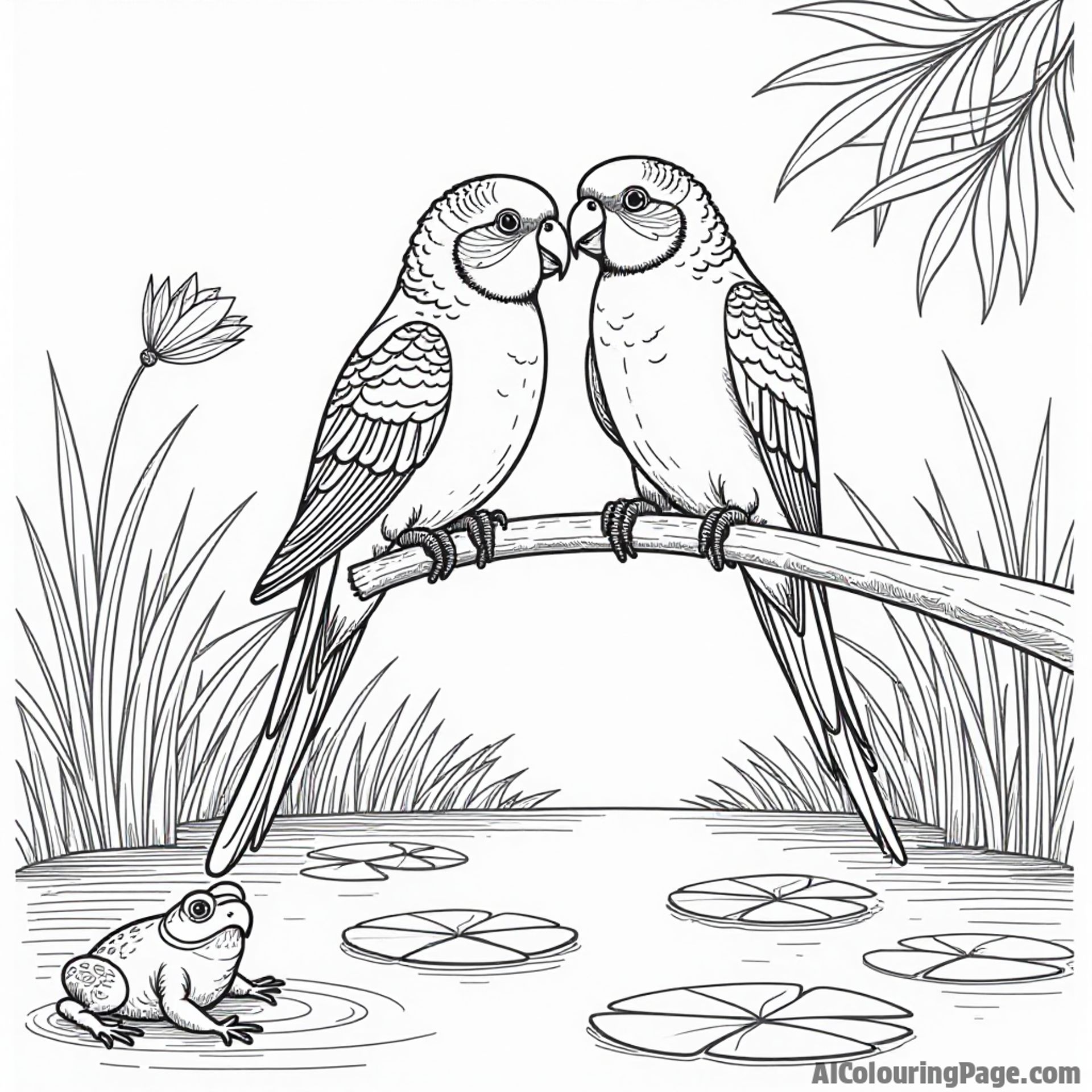 A pair of parakeets dancing on a branch above a sparkling pond with lily pads and frogs nearby