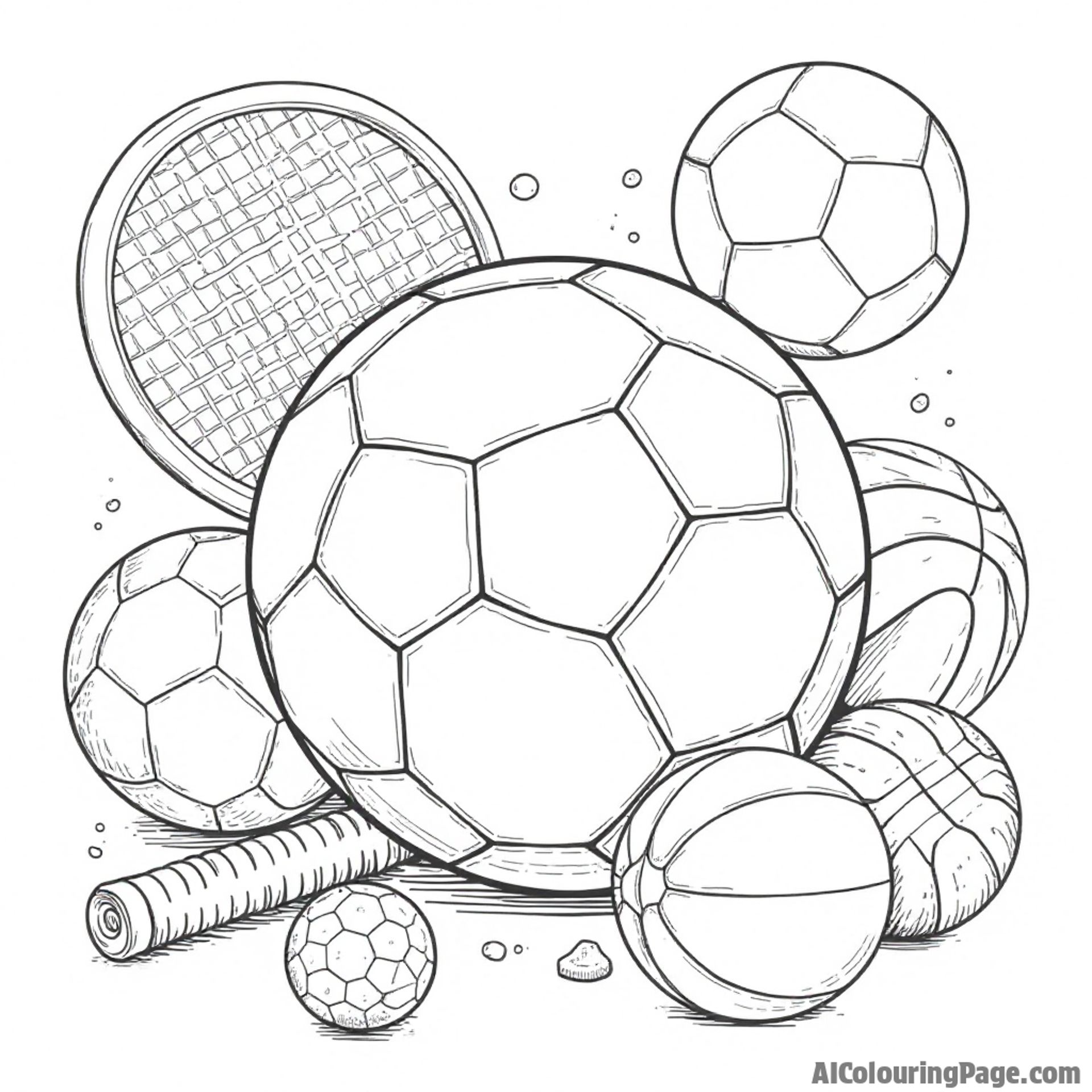 A soccer ball surrounded by various sports equipment like a basketball and tennis racket, all outlined for a colorful and engaging black and white coloring experience for kids.