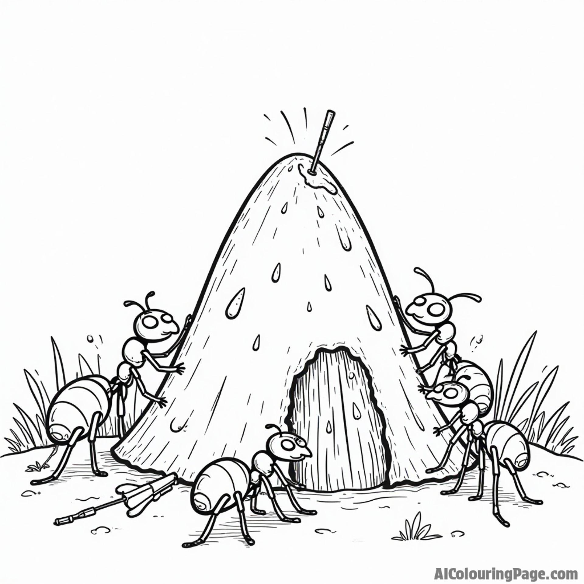 A group of ants working together to build an anthill with little tools, demonstrating teamwork and creativity for kids.