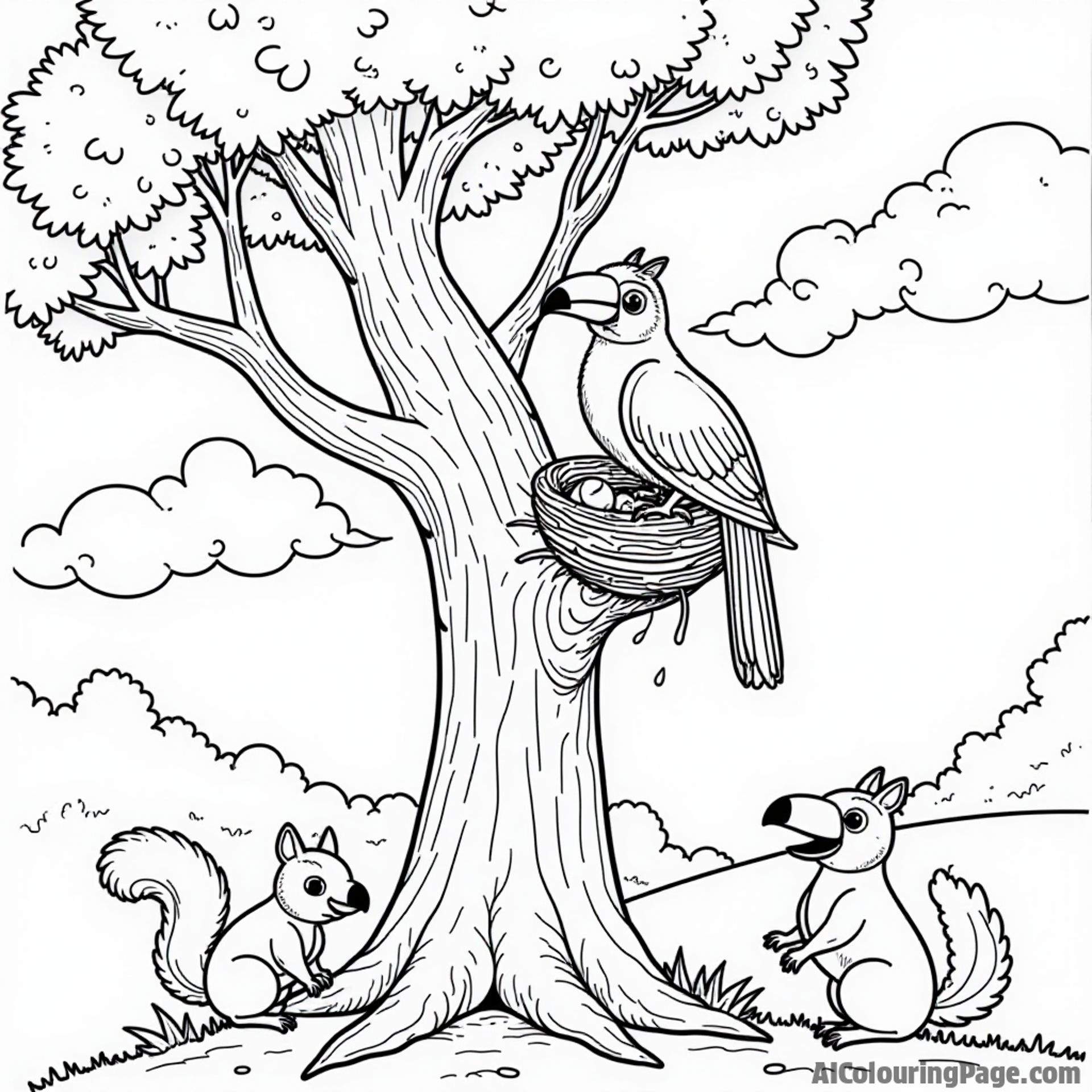 A toucan building a nest in a tall tree with playful squirrels and a vibrant sky for children to color.