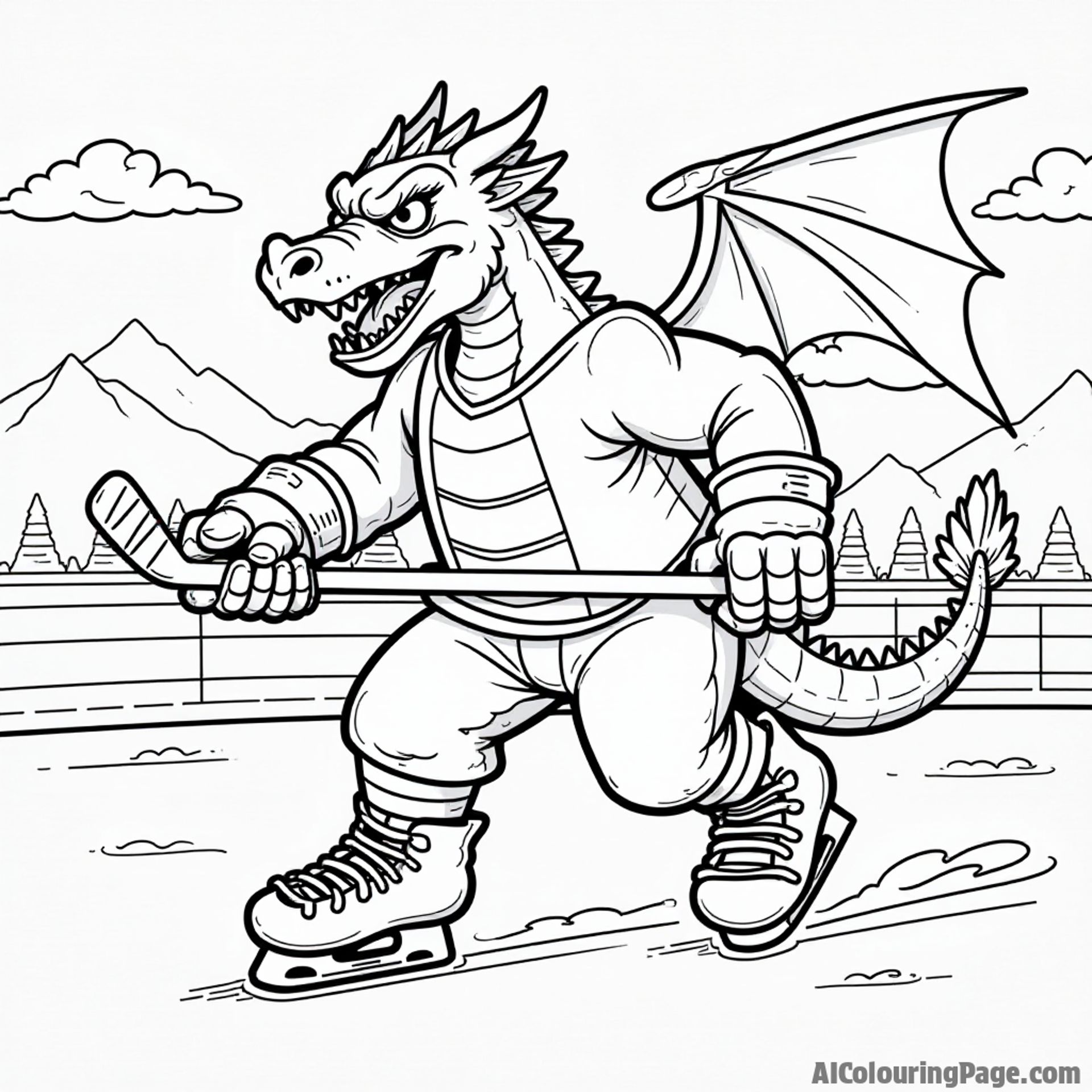 A fierce-looking dragon playing ice hockey, skating on the rink and holding a stick, with clouds and mountains in the background.