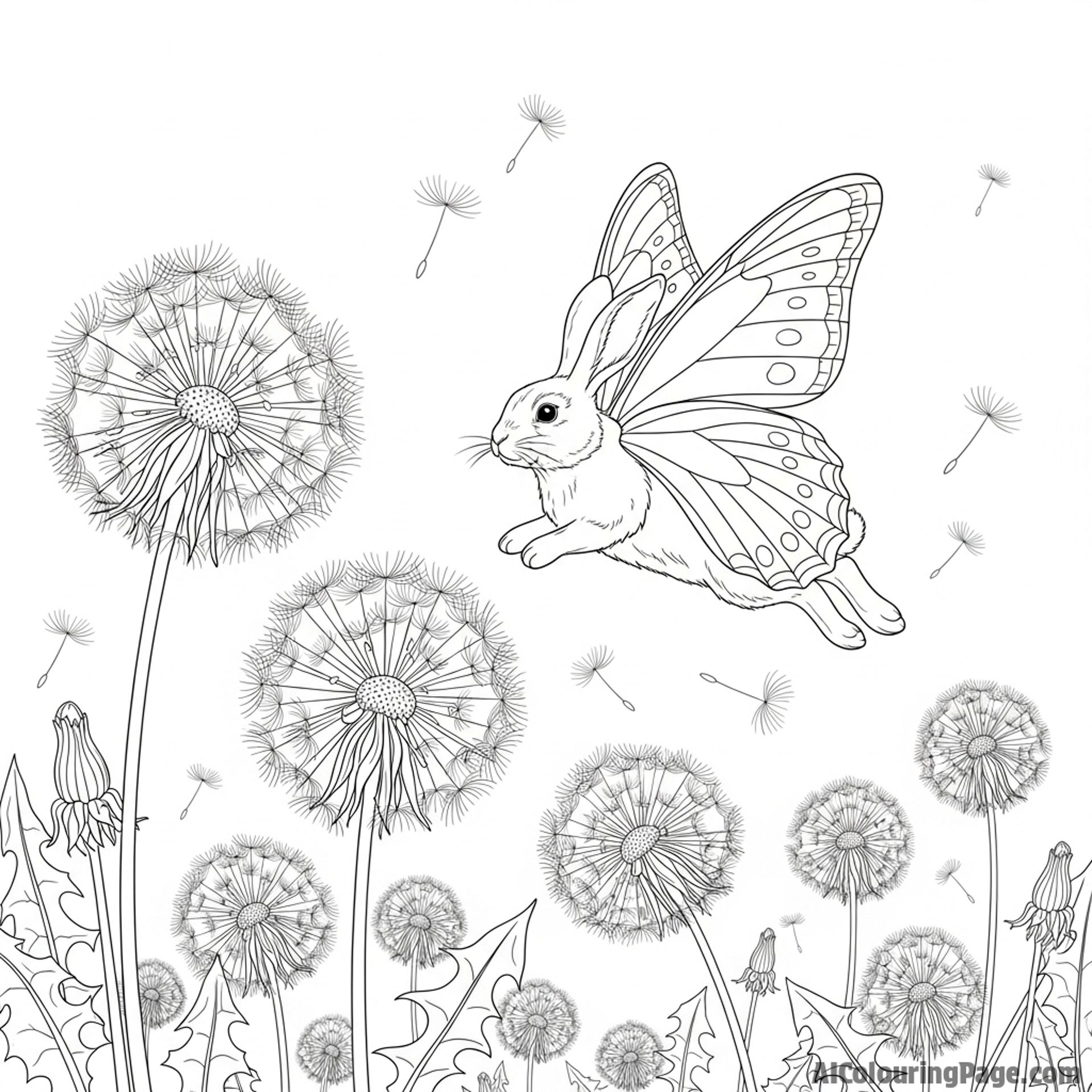 A surrealist painting of a bunny with butterfly wings, soaring over a field of giant dandelions.