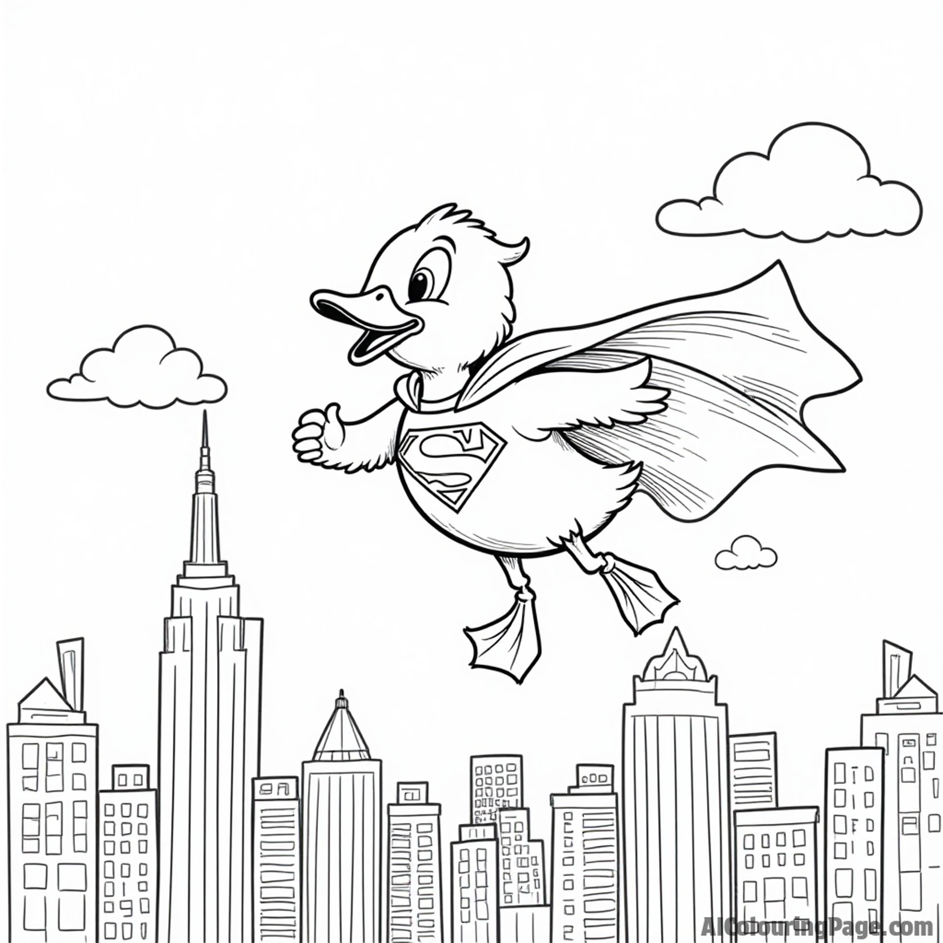 A duck dressed as a superhero flying over a city skyline with a cape fluttering behind it.