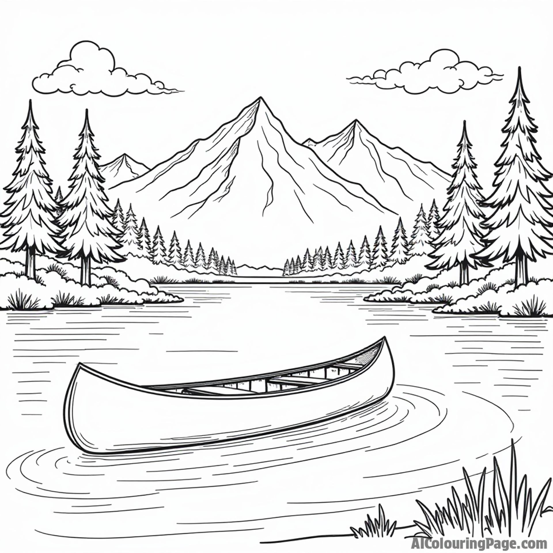 A serene lake scene featuring a canoe, pine trees, and mountains in the distance, inviting kids to color nature.