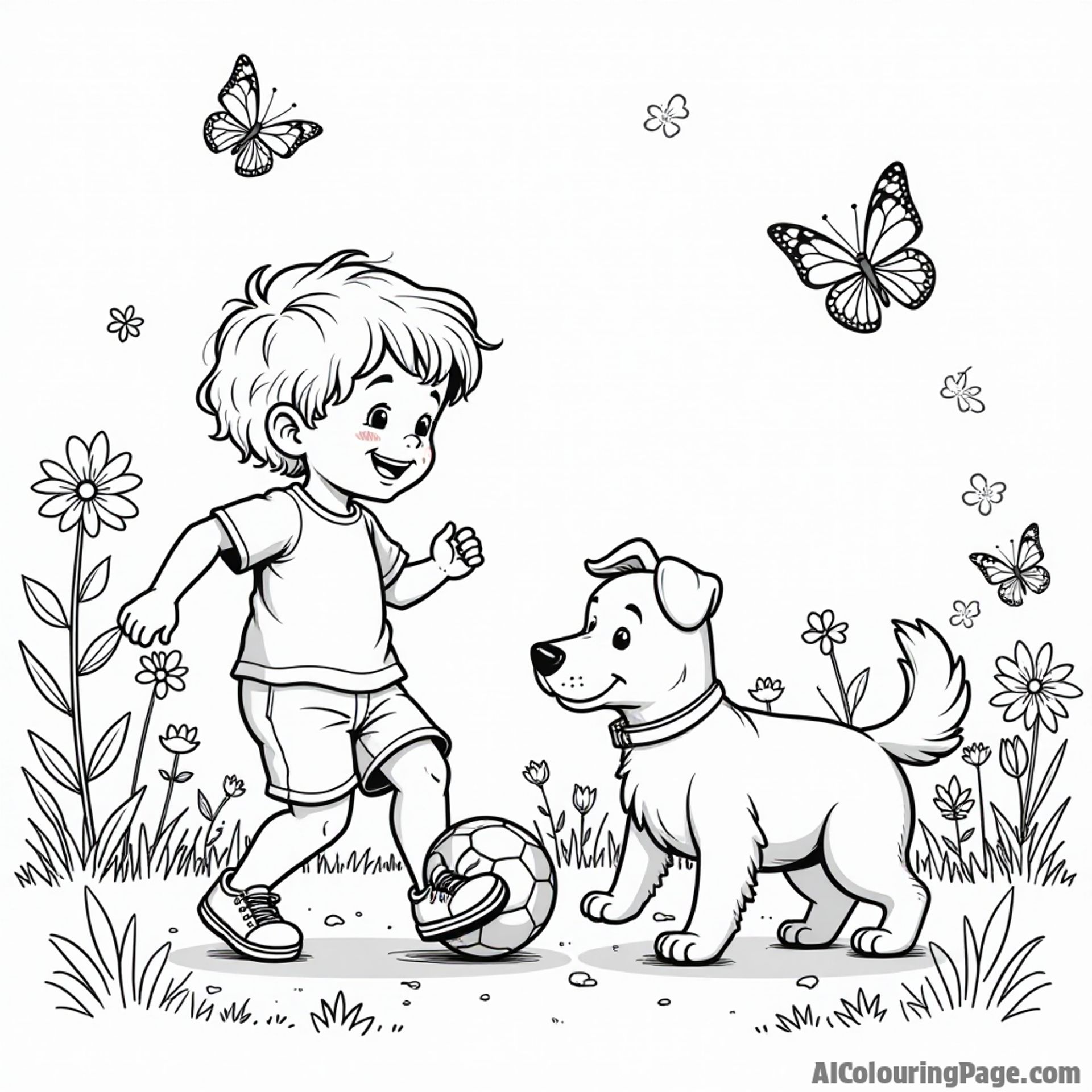 A child and their pet dog playing soccer together in the backyard, surrounded by flowers and butterflies, all designed in black and white for a fun coloring page.