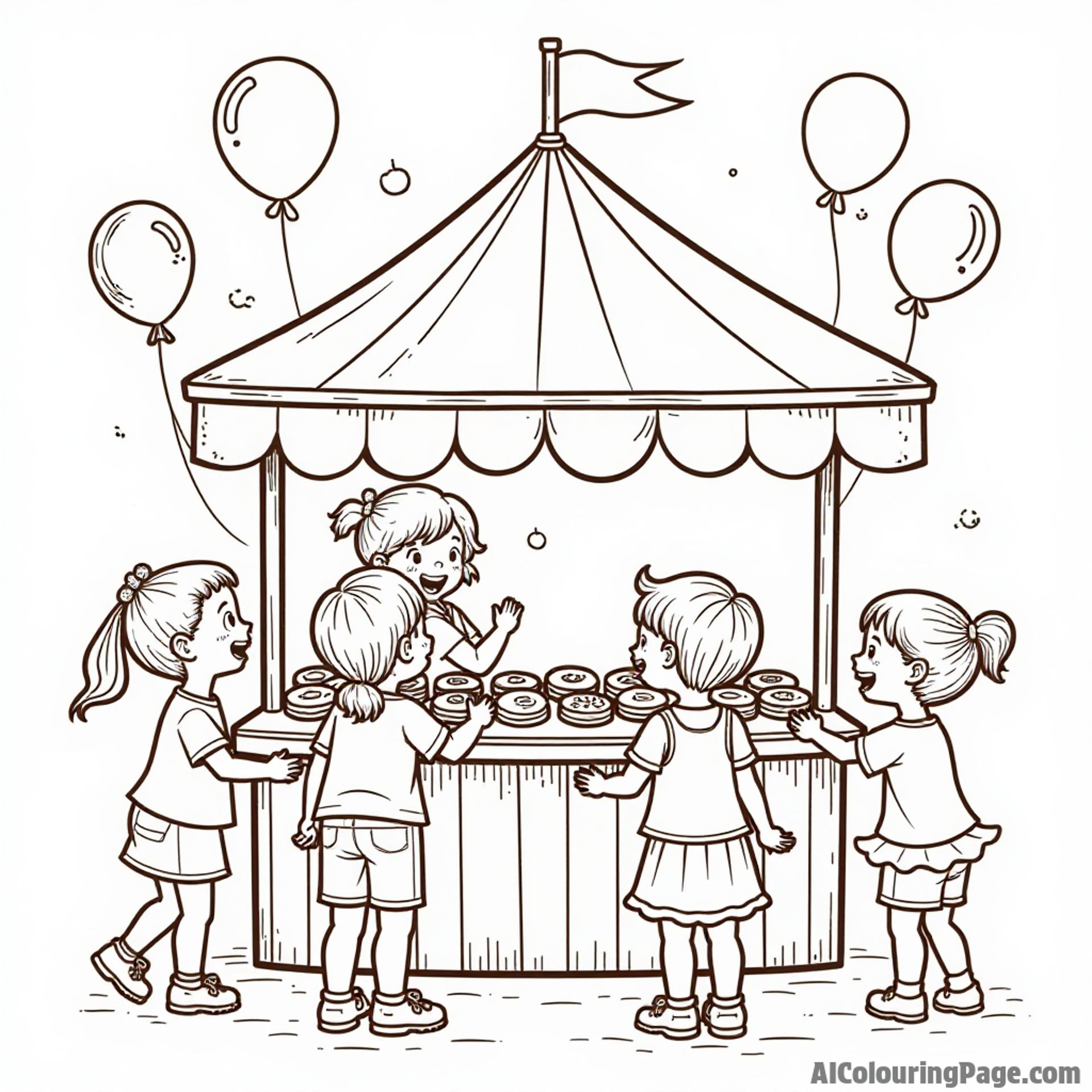 A colorful cookie stand at a fair, with children excitedly choosing their favorite cookies and balloons floating above.