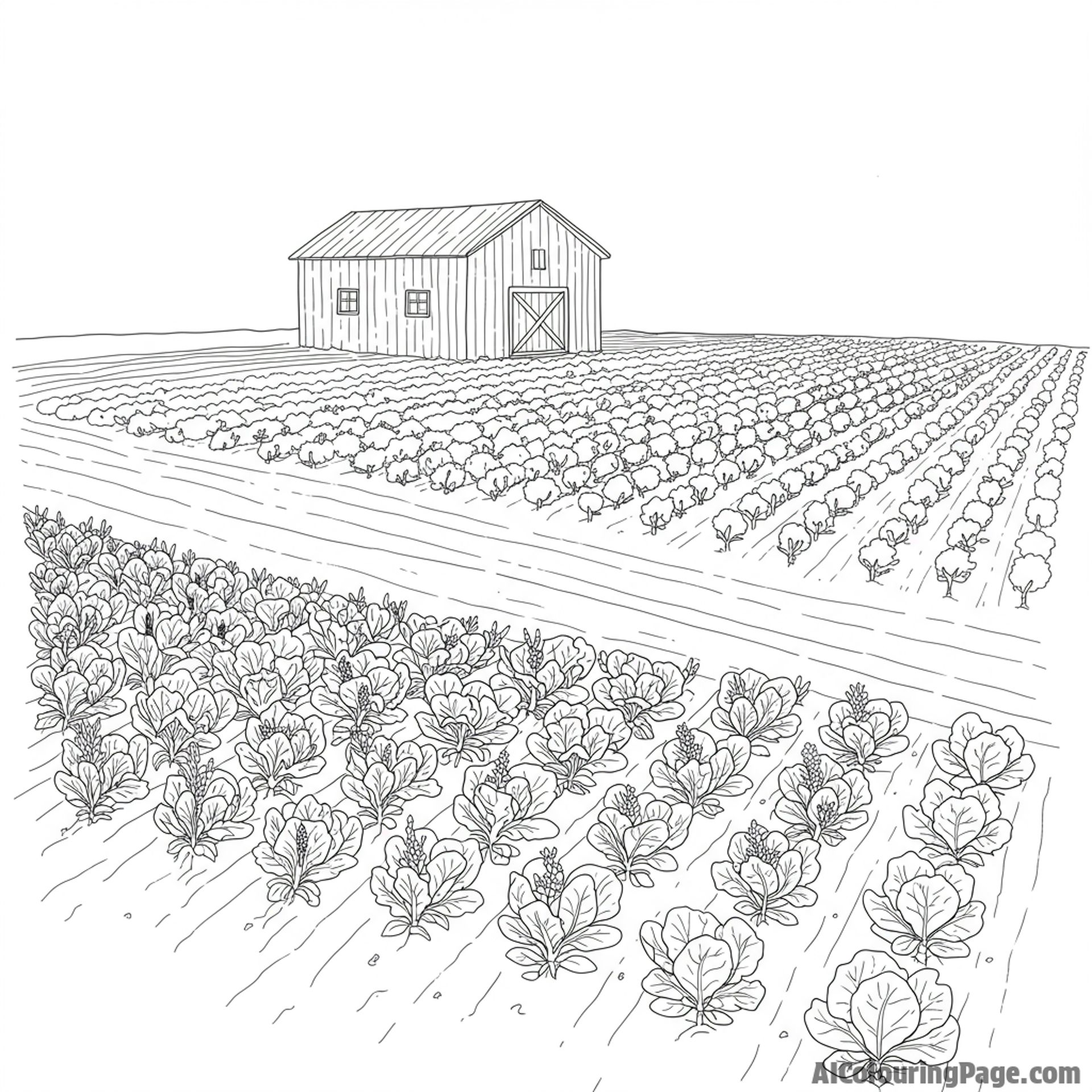 An organic farm with rows of healthy crops.