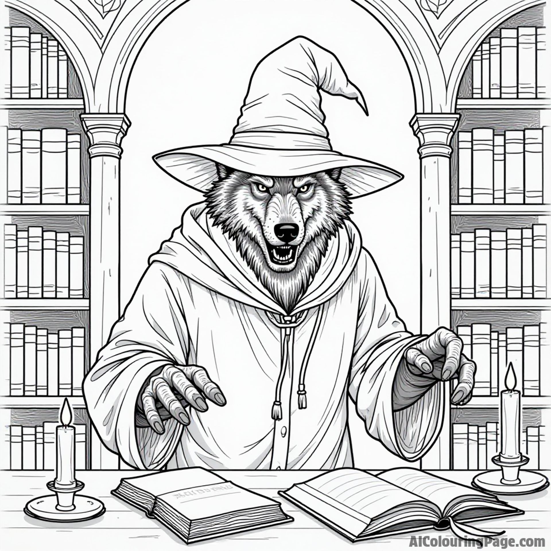A werewolf in a wizard hat casting spells in a magical library surrounded by ancient books and floating candles.