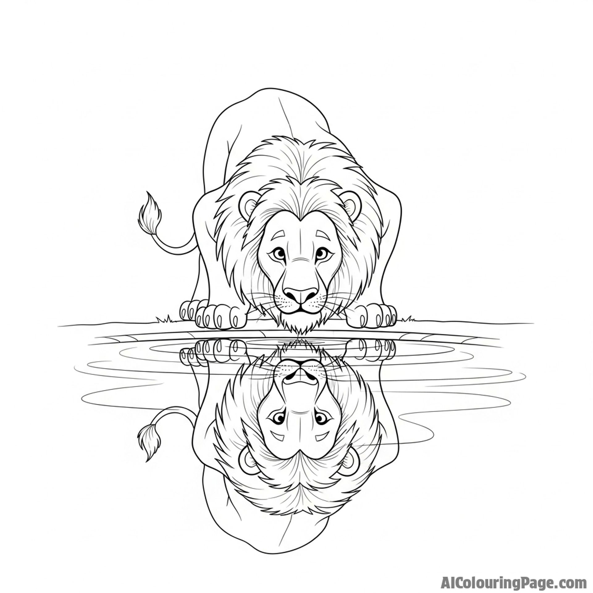A lion drinking from a watering hole, its perfect reflection on the still surface.