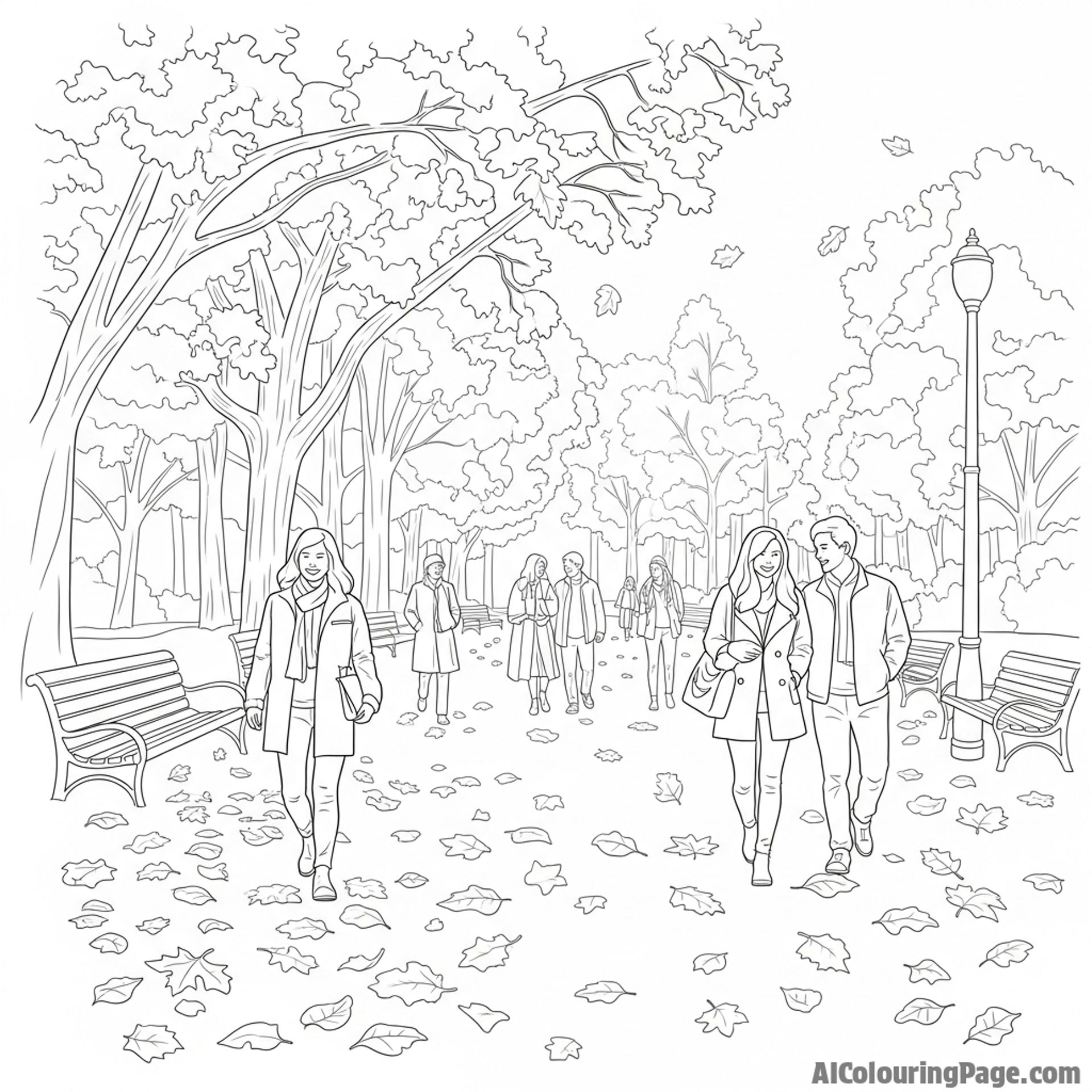 A park scene with people walking amongst fallen leaves.