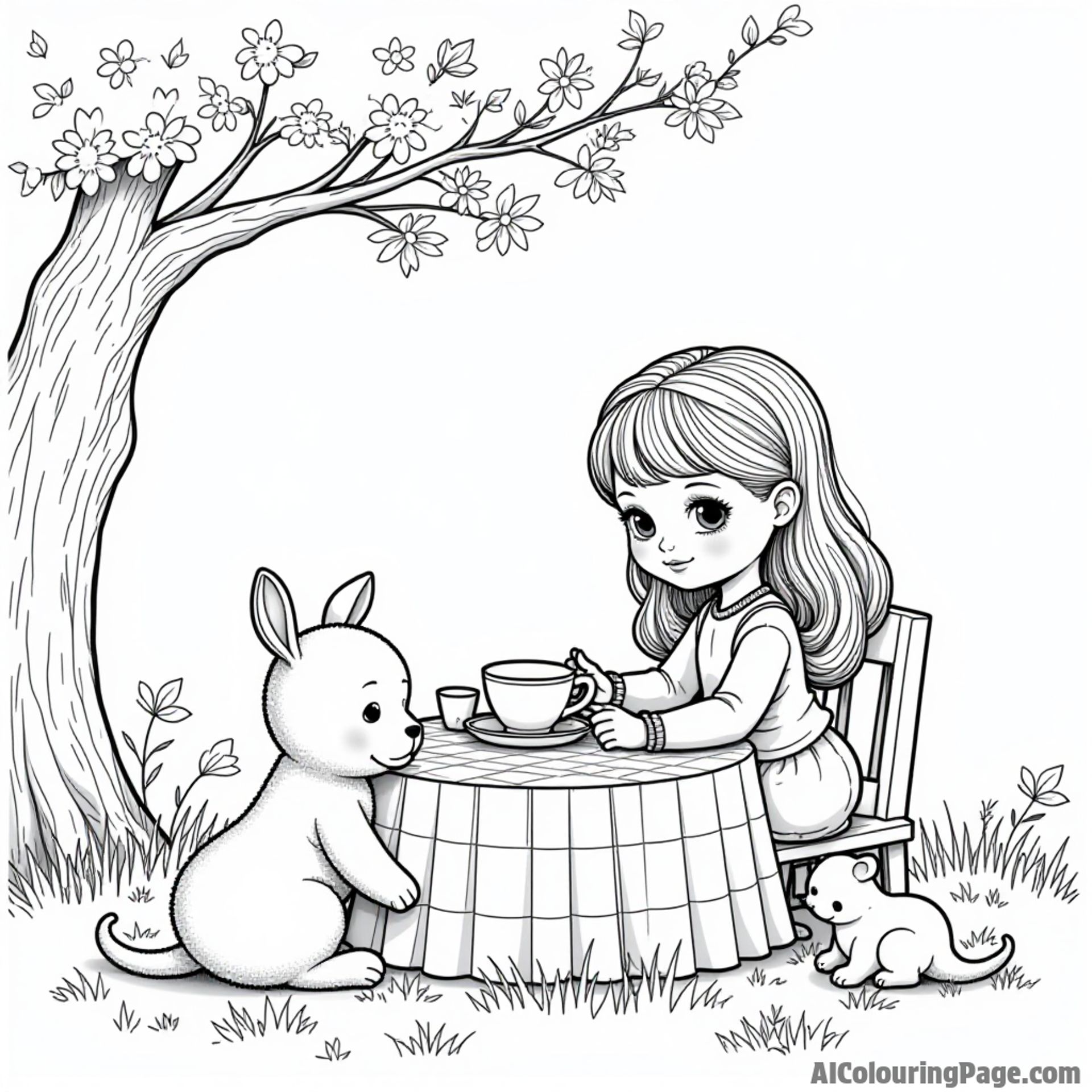 A doll enjoying a tea party with her stuffed animals on a checkered tablecloth under a shady tree with flowers.