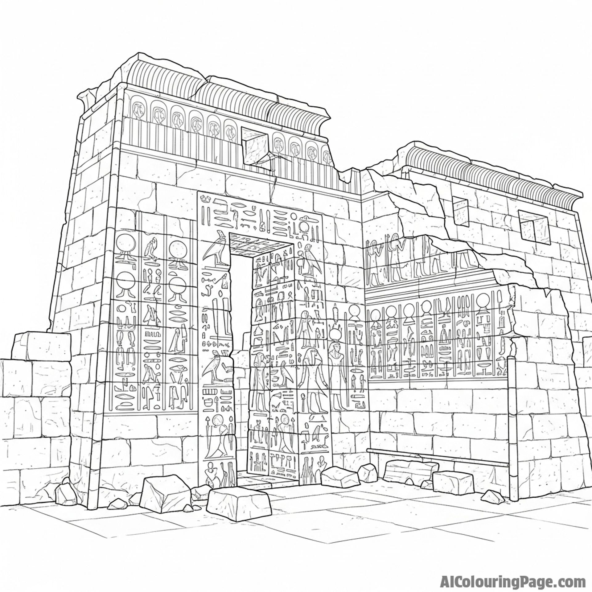 Ancient ruins, crumbling walls, hieroglyphic carvings.