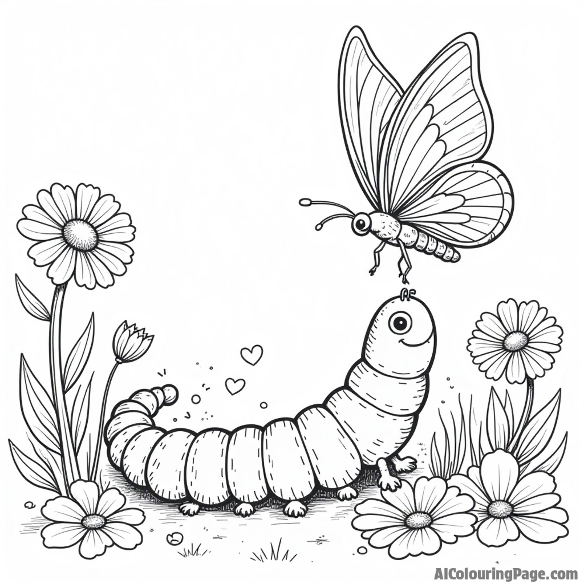 A caterpillar and a butterfly playing together in a meadow filled with blooming flowers, perfect for kids to color.