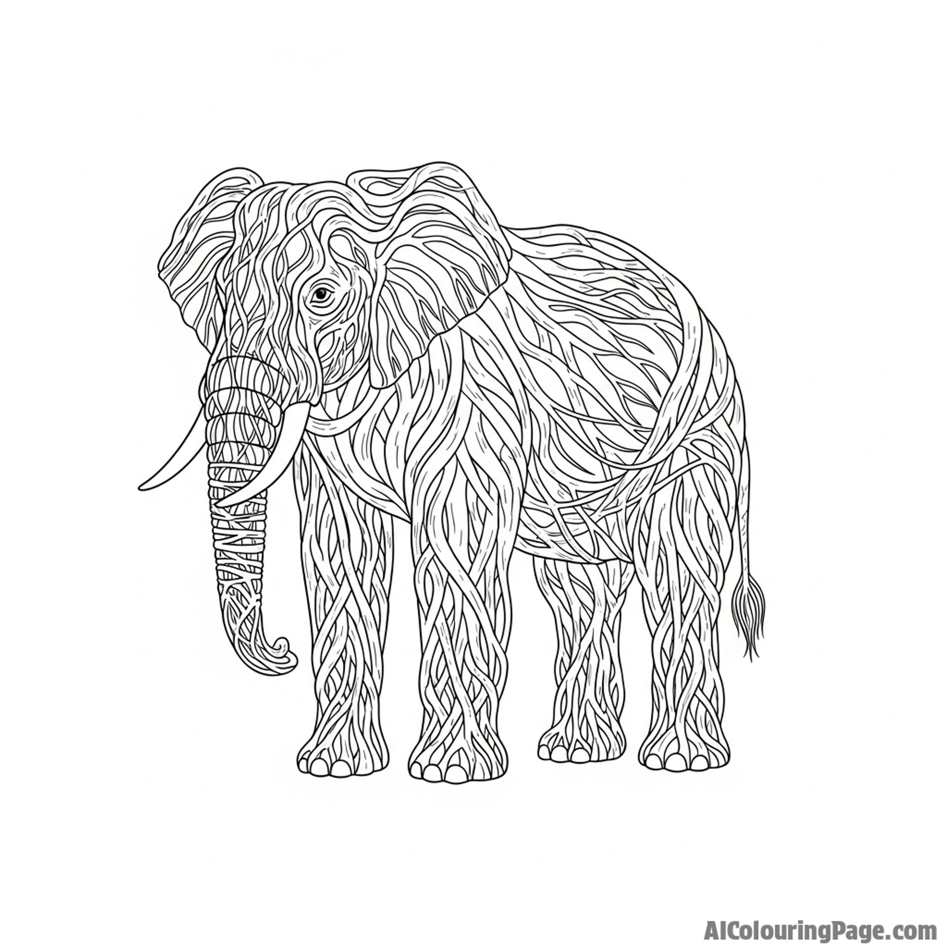An elephant whose form is made from the intricate roots of a giant banyan tree.