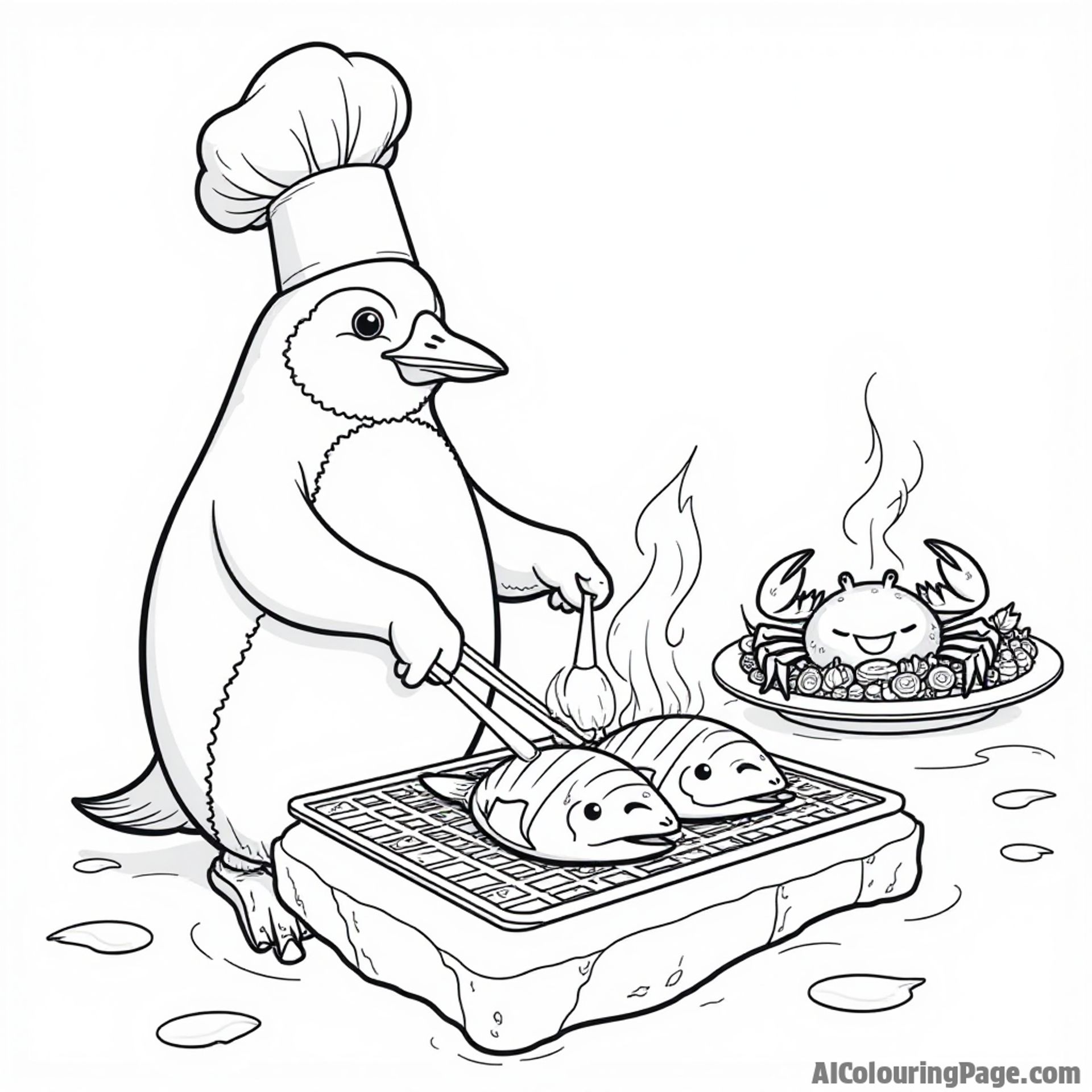 A penguin chef cooking fish on an ice grill with a happy crab and a plate of colorful veggies nearby.