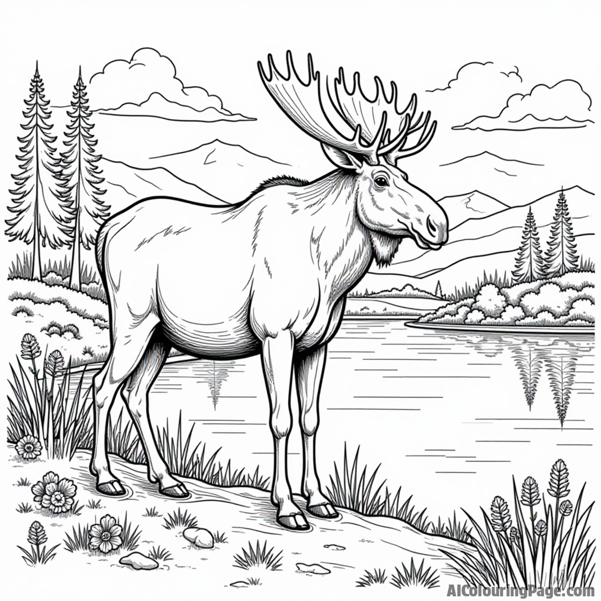 An iconic Minnesota moose standing by a serene river, surrounded by wildflowers and a backdrop of rolling hills.
