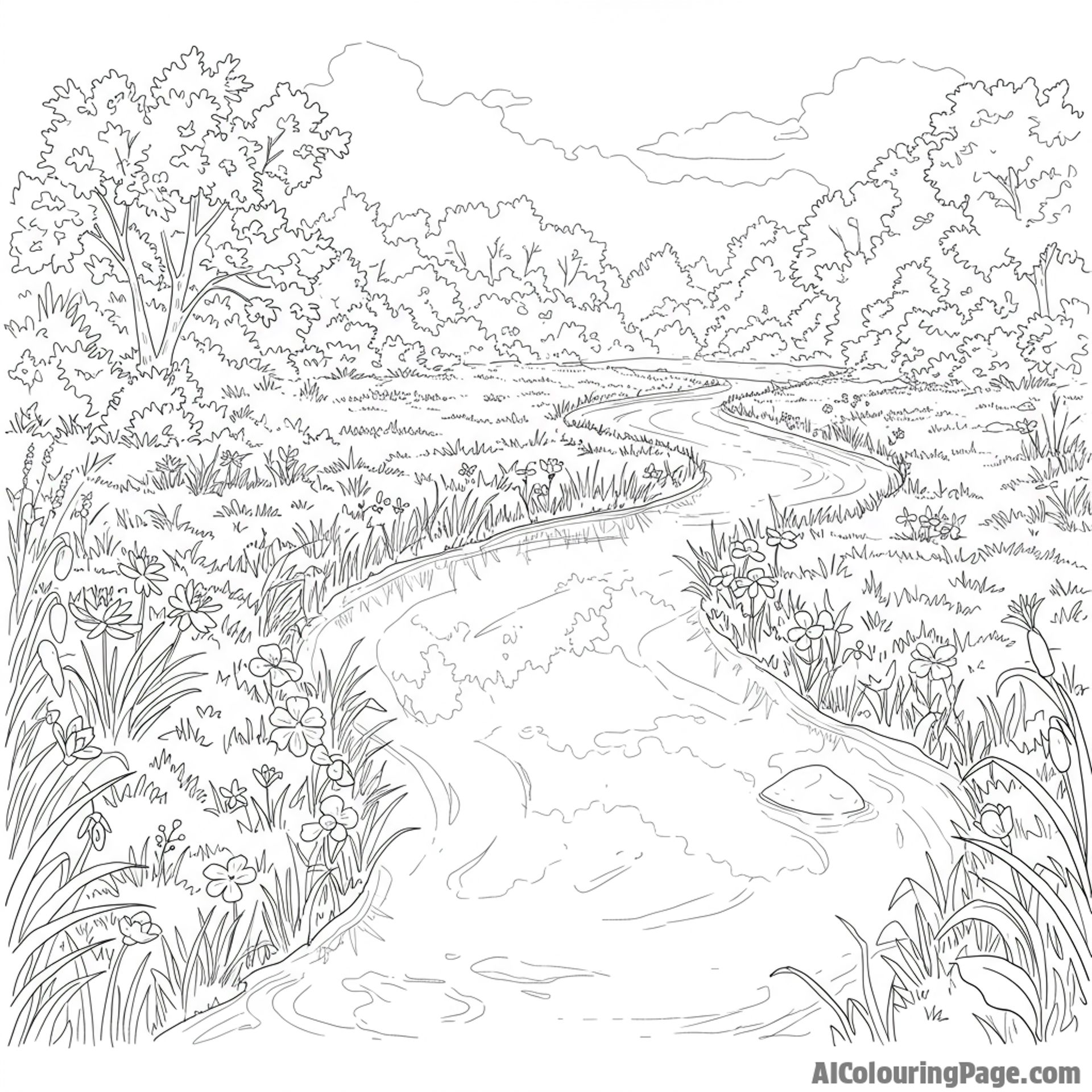 A stream meandering through a lush meadow, reflecting the sky above.