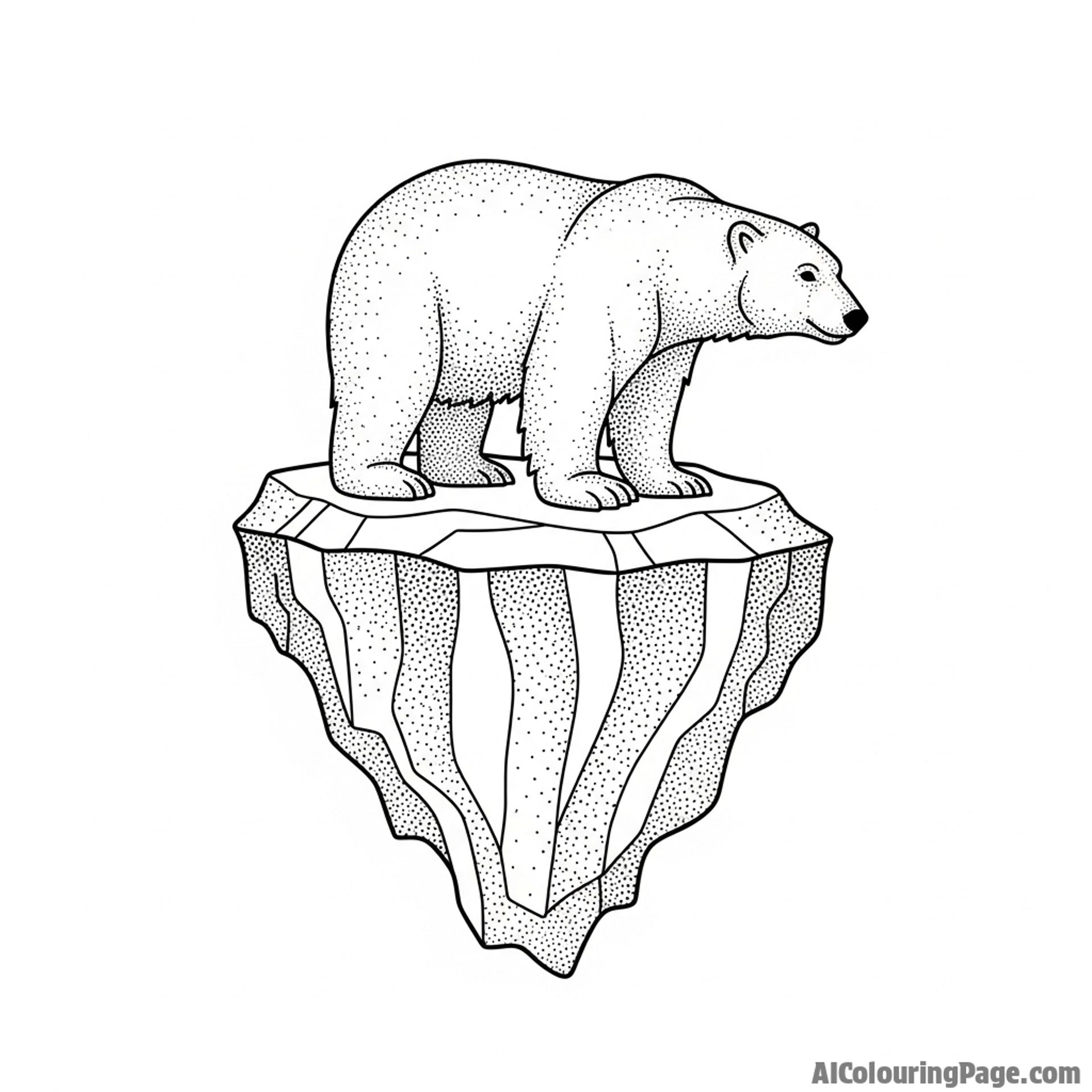 A pointillism artwork depicting the form of a polar bear on an iceberg.