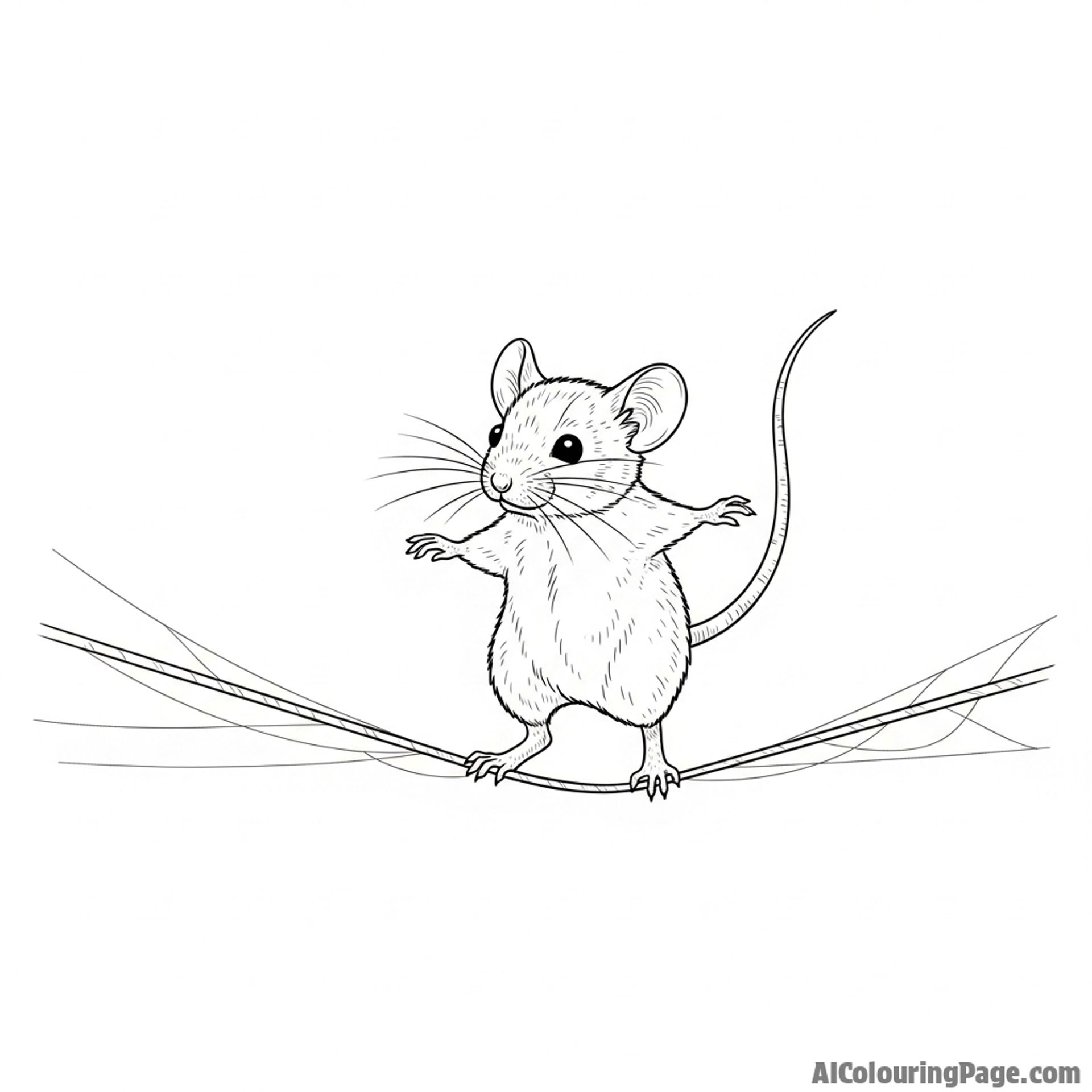 A mouse carefully walking along a tightrope made of a single strand of spider silk.