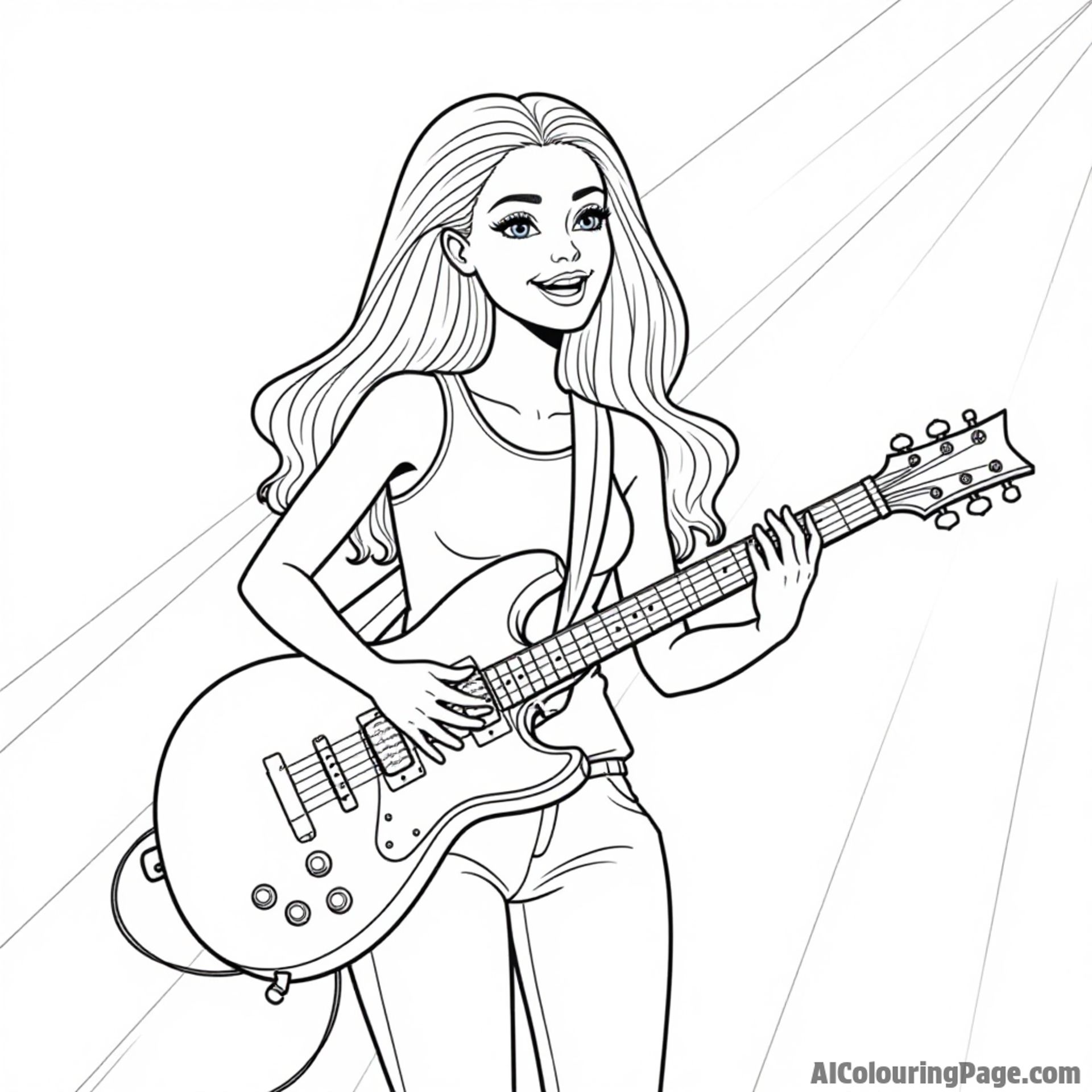 Barbie playing the guitar on a stage, with lights shining down, singing and having fun with her bandmates.