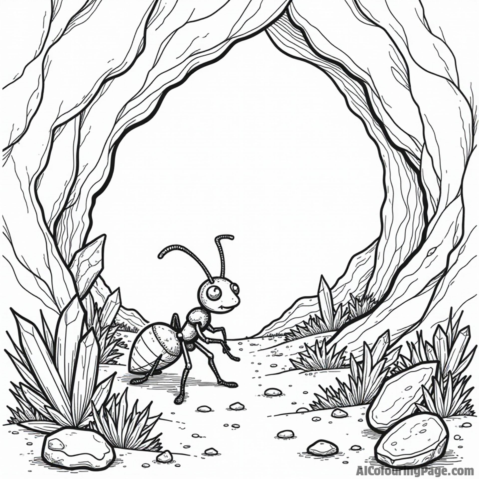 A brave ant exploring a cave filled with sparkling crystals and treasures, inviting adventurous coloring for creative minds.