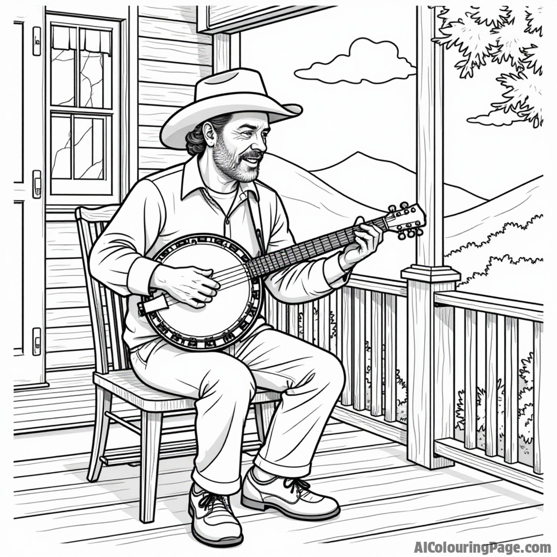 An Appalachian folk musician playing banjo on a porch with a scenic mountain backdrop in West Virginia for kids to color
