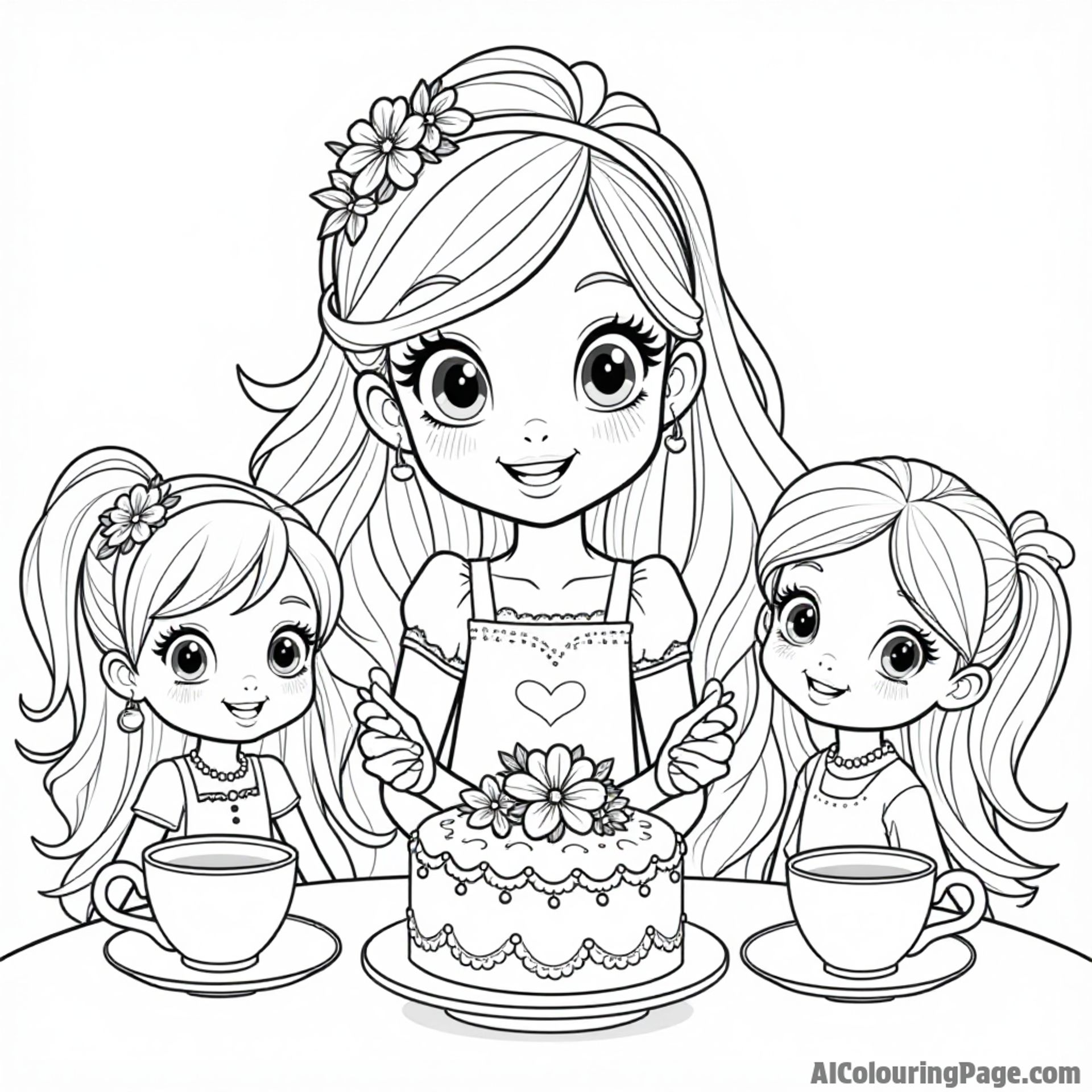 Amy Rose hosting a tea party with her friends, with cute teacups and a beautiful cake decorated with flowers to color.