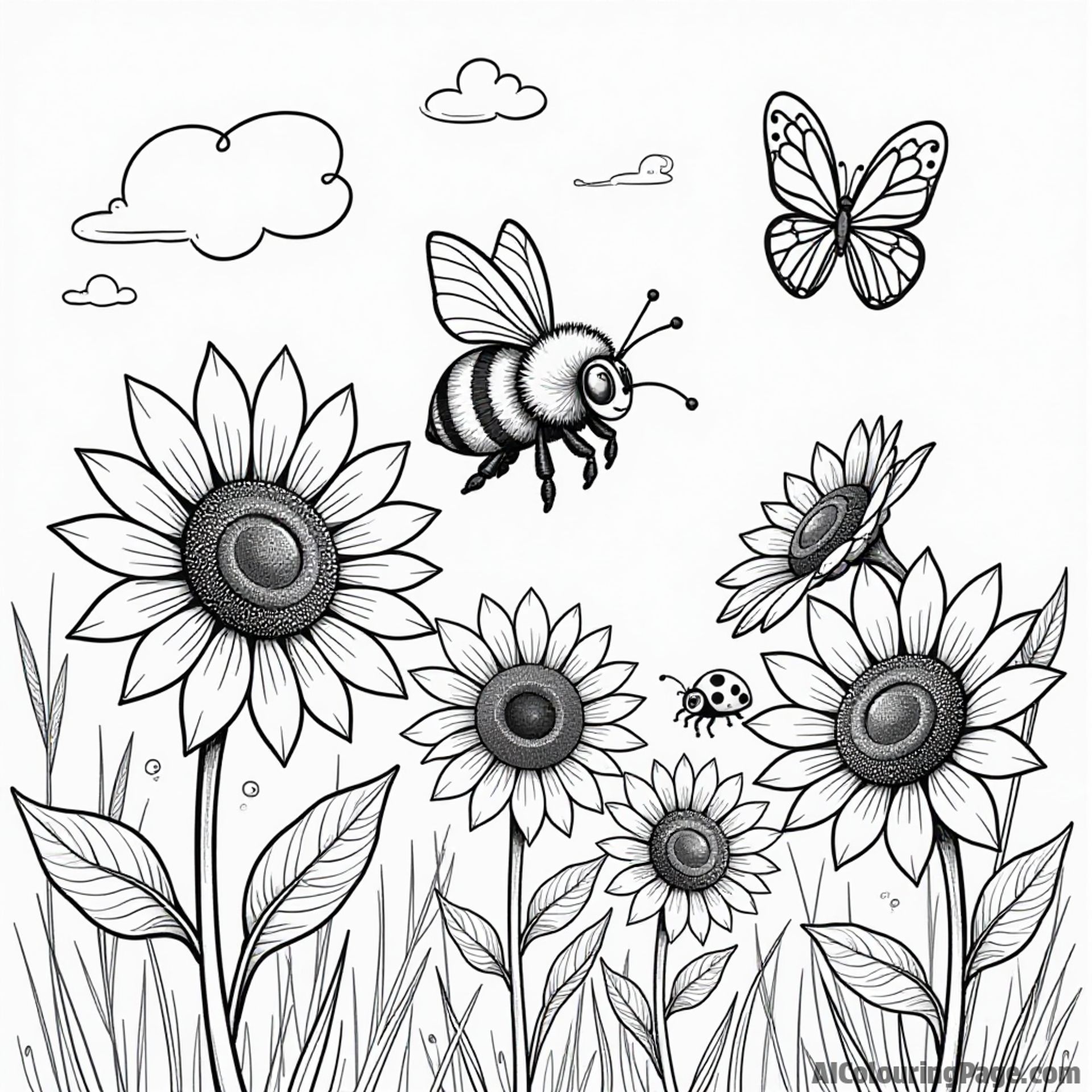 A bee flying in a field of sunflowers, with a butterfly and a ladybug joining in the fun and laughter.