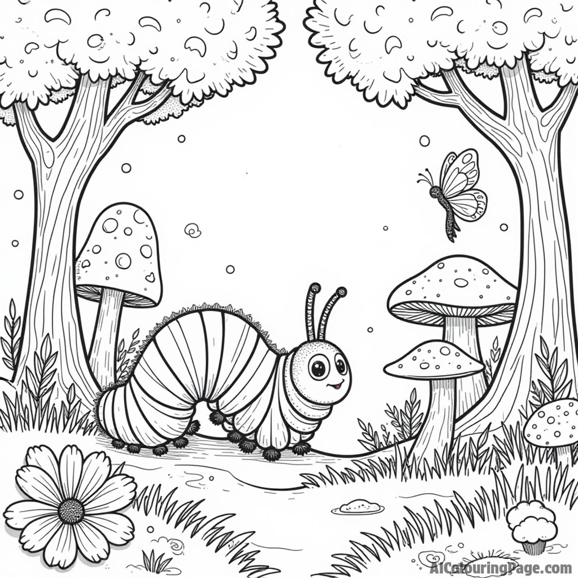 A caterpillar exploring a magical forest filled with mushrooms and fairies, creating an enchanting scene for kids to color.