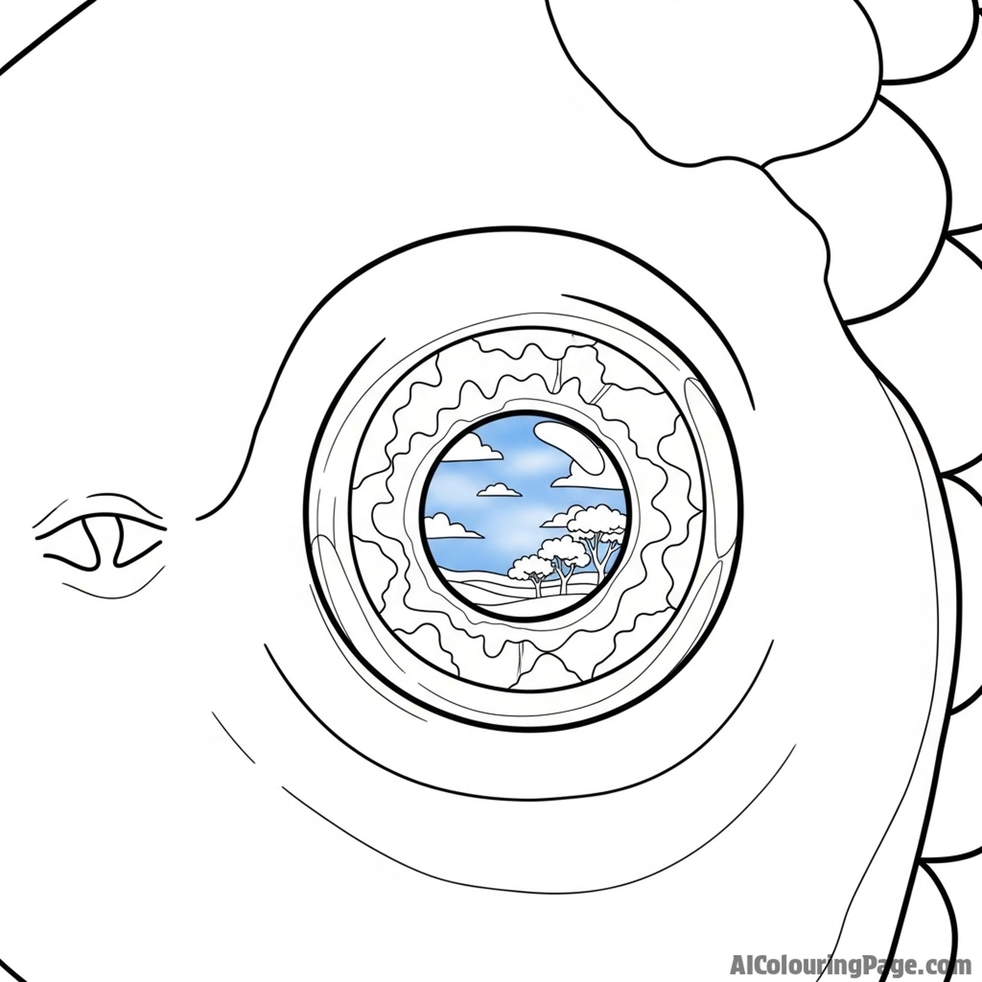 A photorealistic rendering of a koi’s eye, capturing the reflection of the sky and trees.