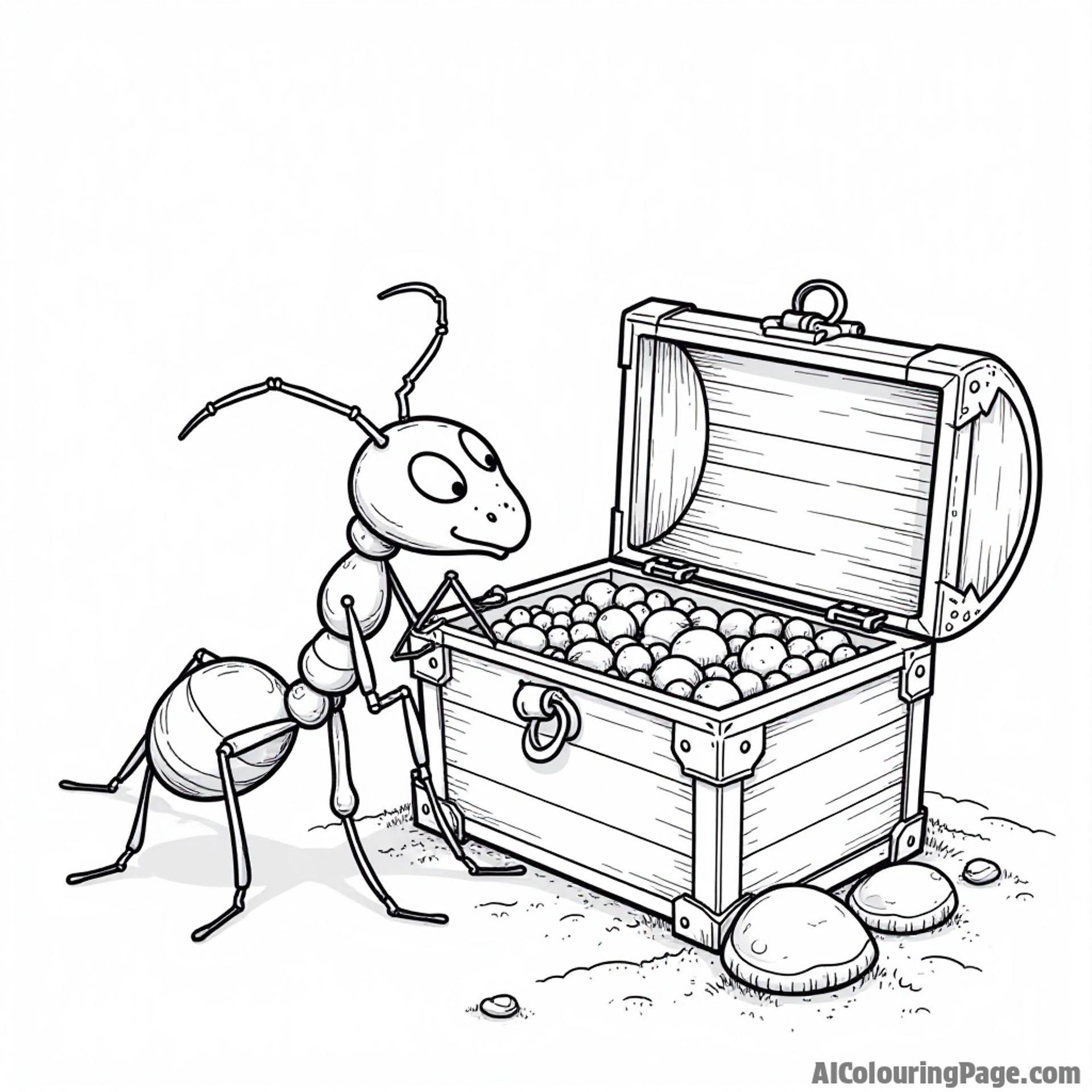An ant exploring a treasure chest filled with shiny objects on a beach, encouraging adventurous coloring for children.