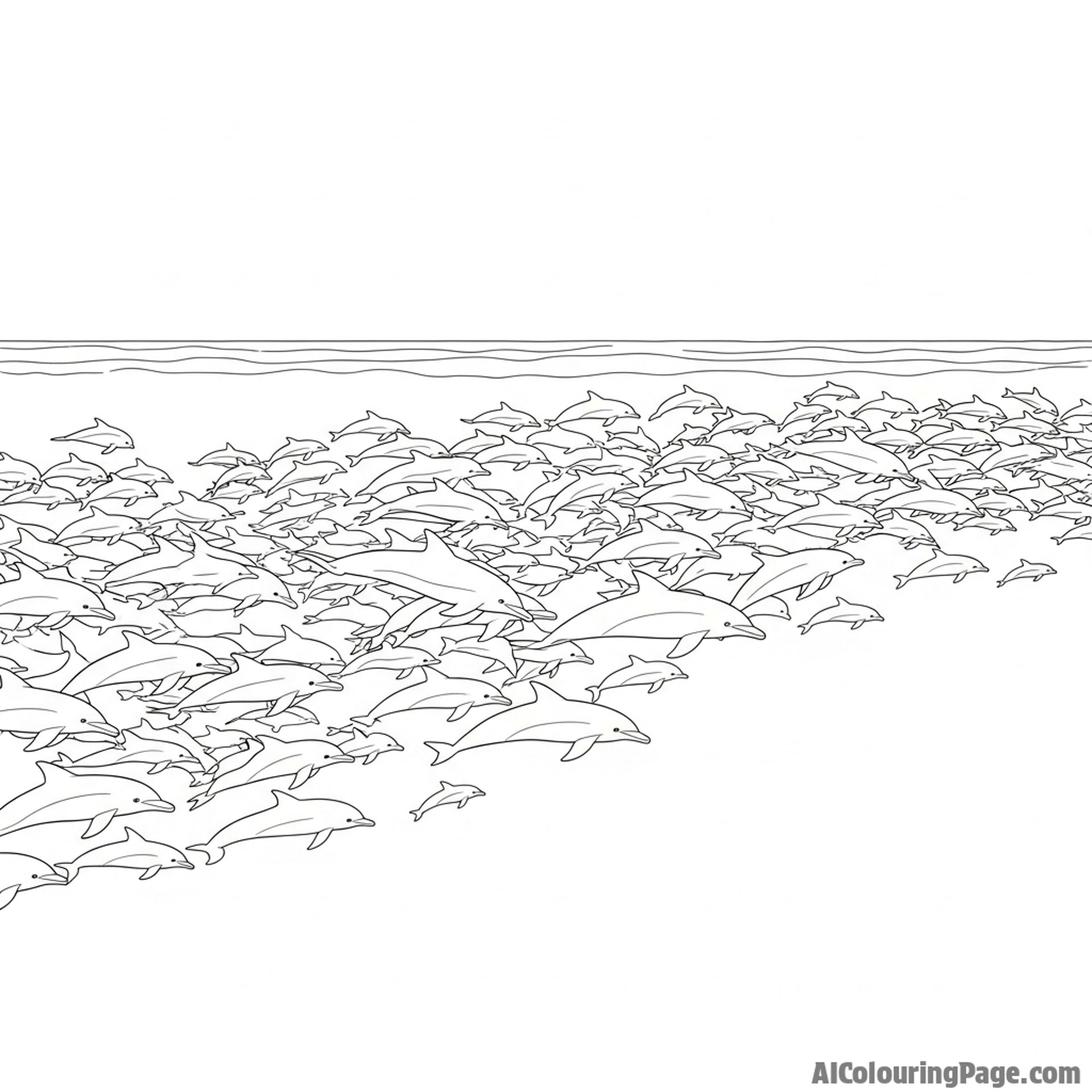 A wide-angle shot of a massive super-pod of dolphins stretching towards the horizon.