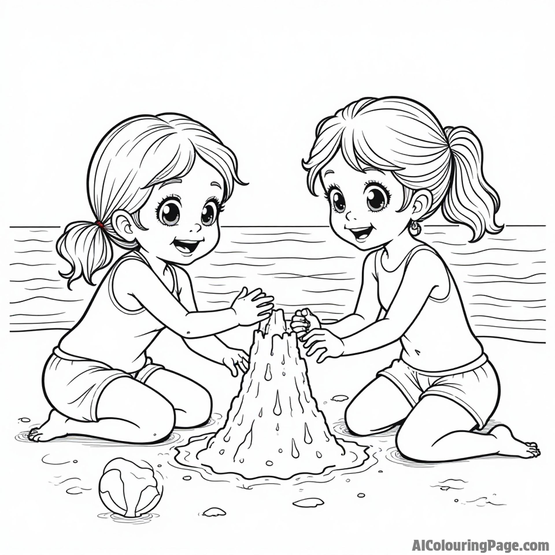 The girls having a fun day at the beach, building sandcastles, playing with beach balls, and splashing in the waves
