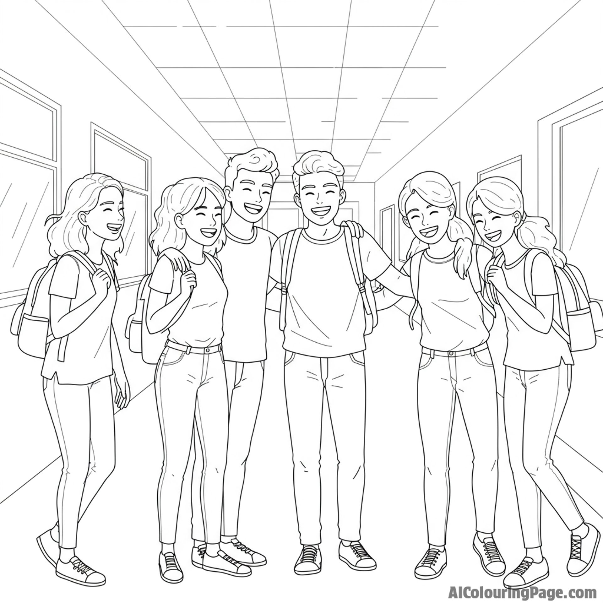 A group of friends reuniting in the school hallway, filled with laughter.