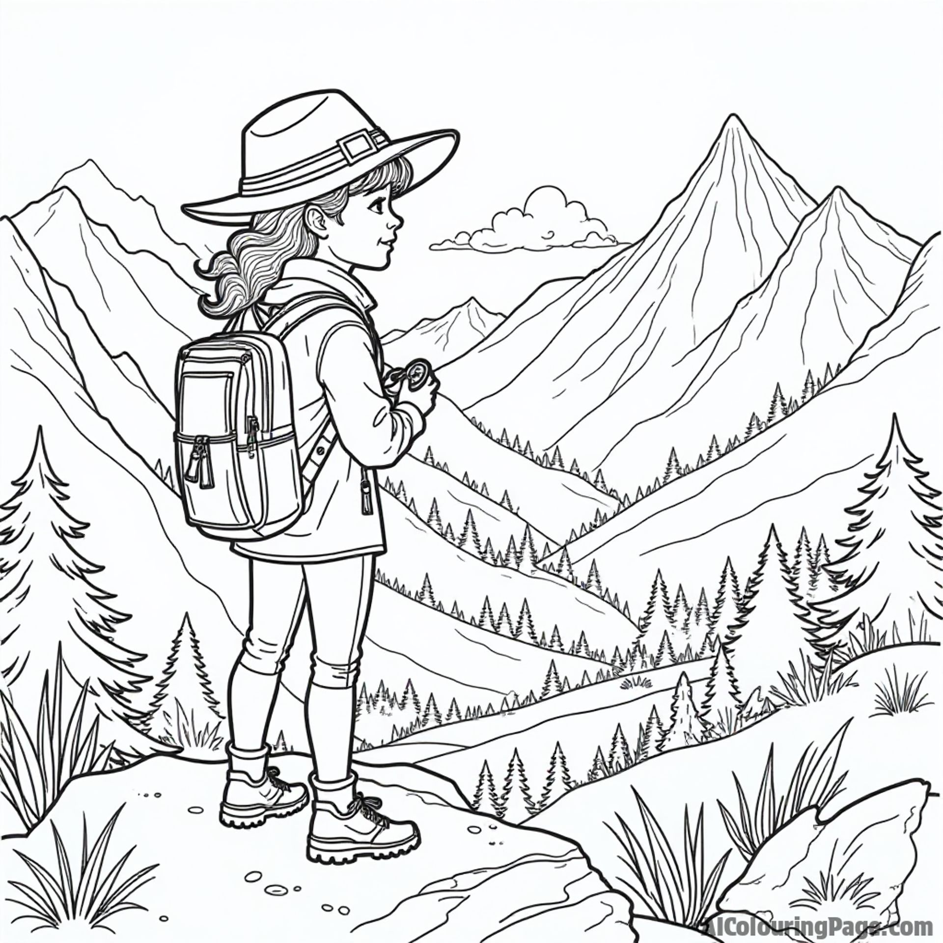 A brave girl wearing an explorer hat, standing atop a mountain, holding a compass while looking at a distant valley filled with wildlife and trees for a thrilling coloring page.