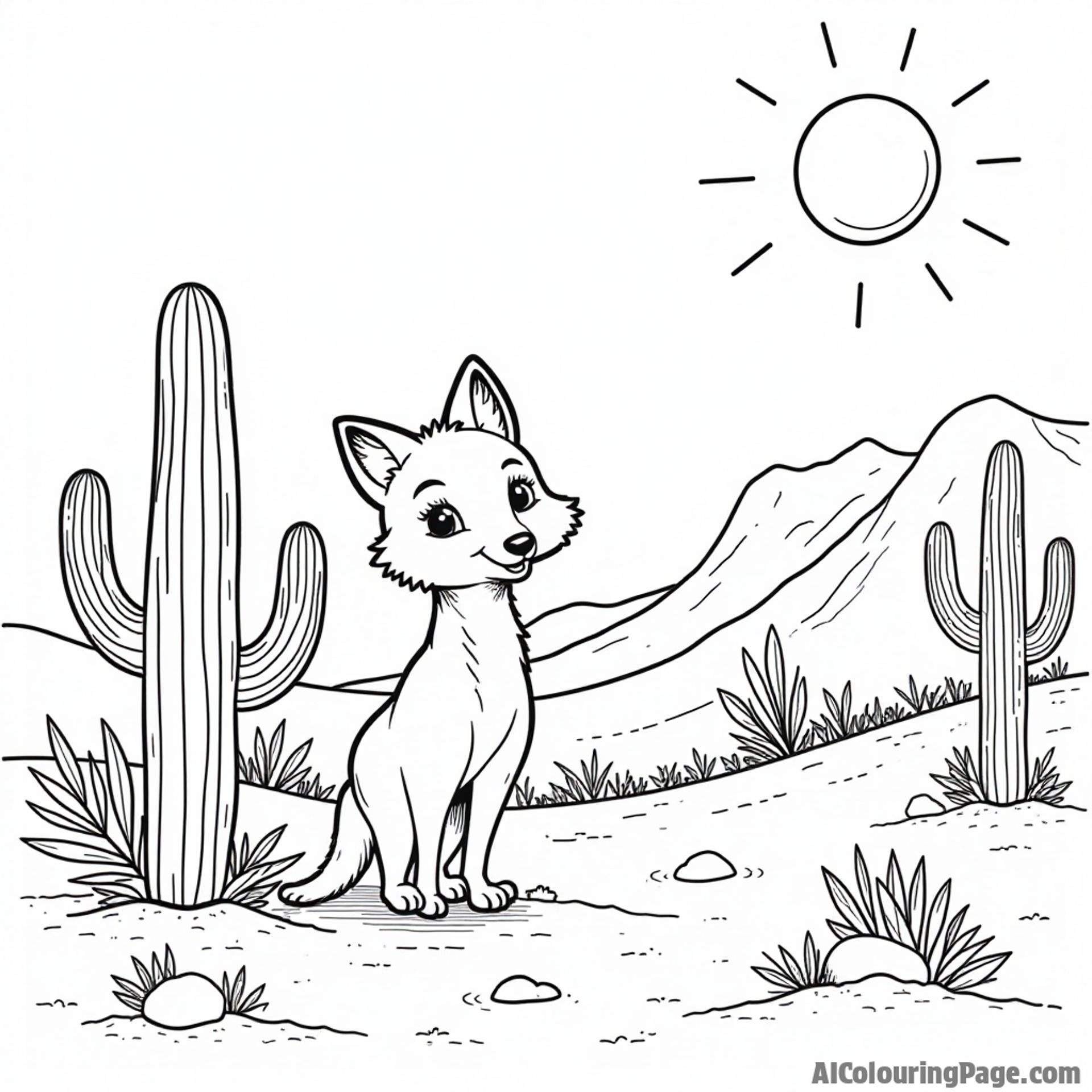 A charming Utah desert landscape featuring a playful coyote, tall cacti, and a bright sun for children to enjoy.