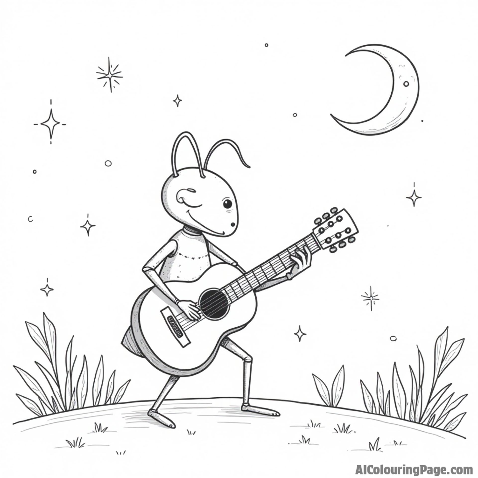 A musical ant playing a guitar under a starry sky with a moon, creating a peaceful scene for coloring.