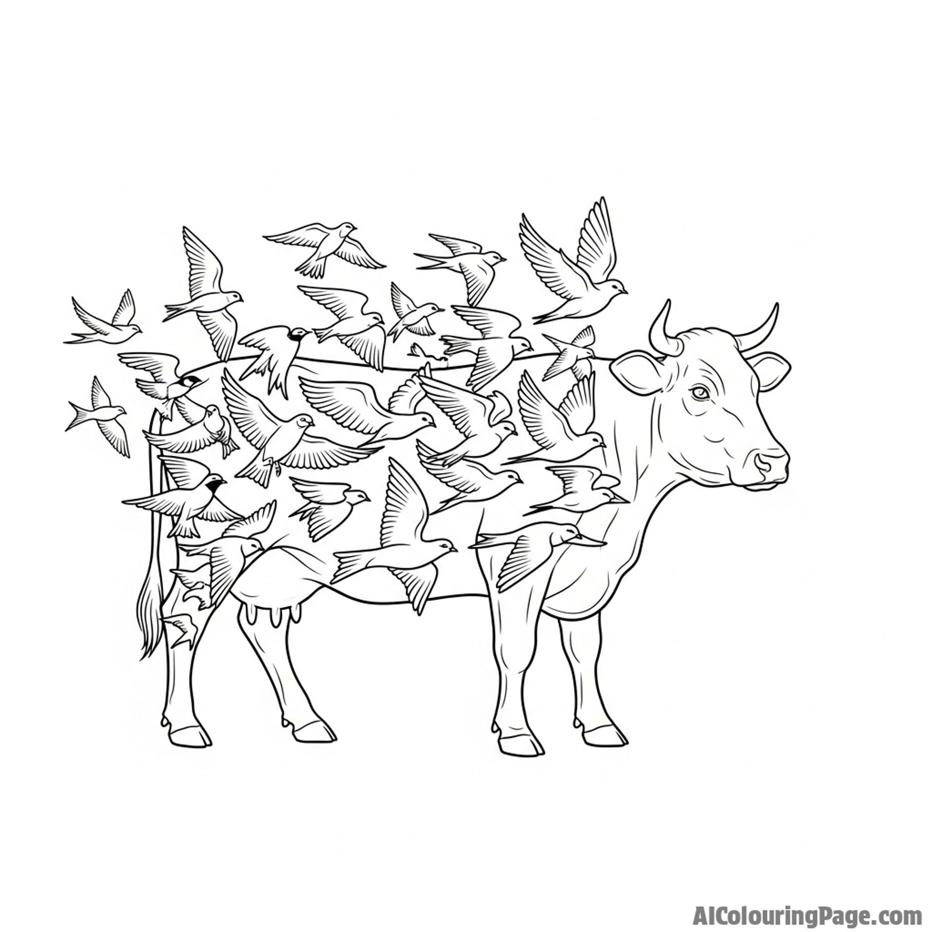 A surrealist painting of a cow slowly dissolving into a flock of soaring birds.