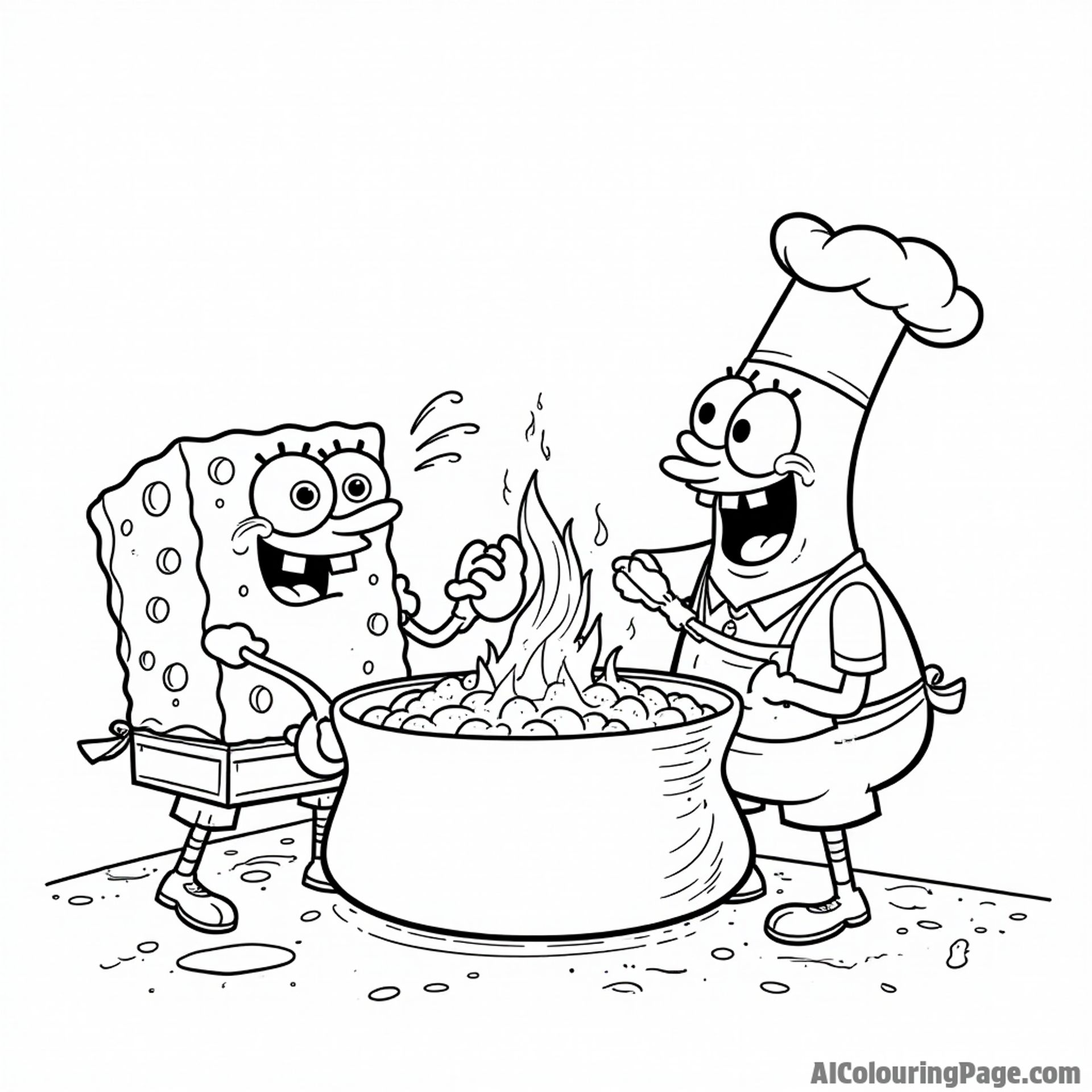 Mr. Krabs cooking up a storm in the kitchen while SpongeBob helps him with a big pot of bubbling goo