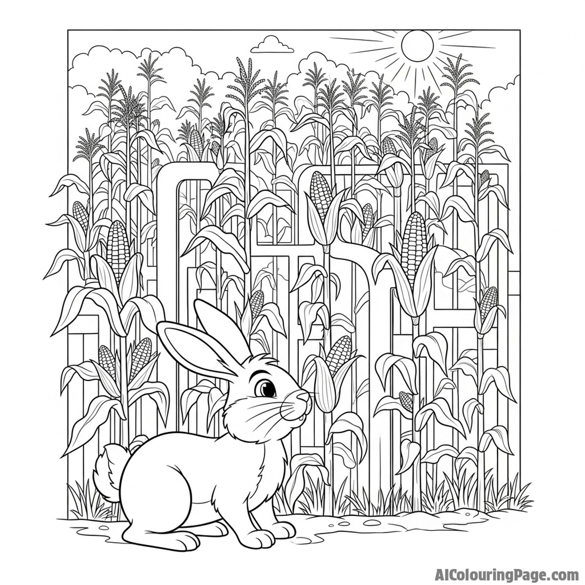 A rabbit navigating a maze of tall, sun-bleached corn stalks.
