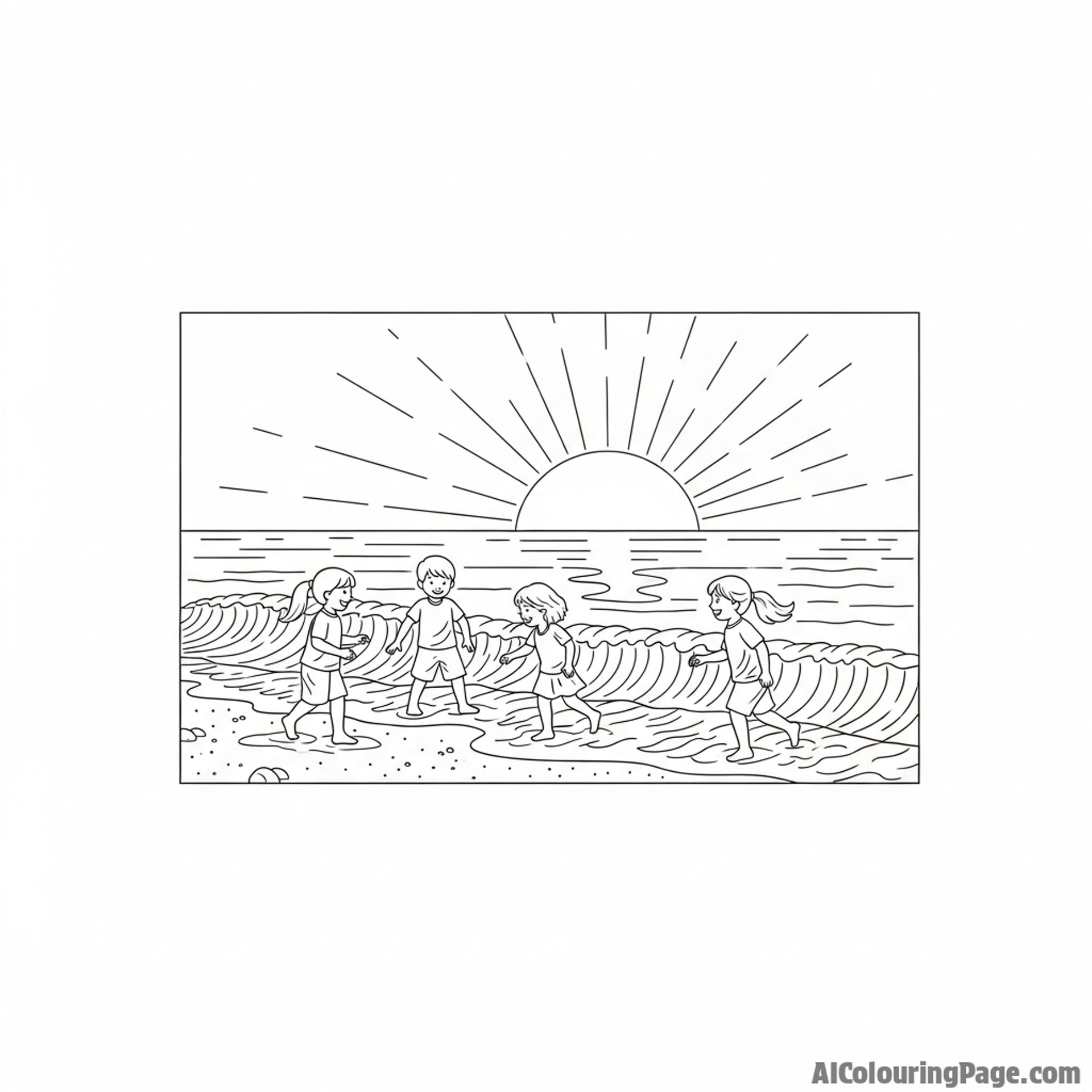 Children playing on a beach at sunset.