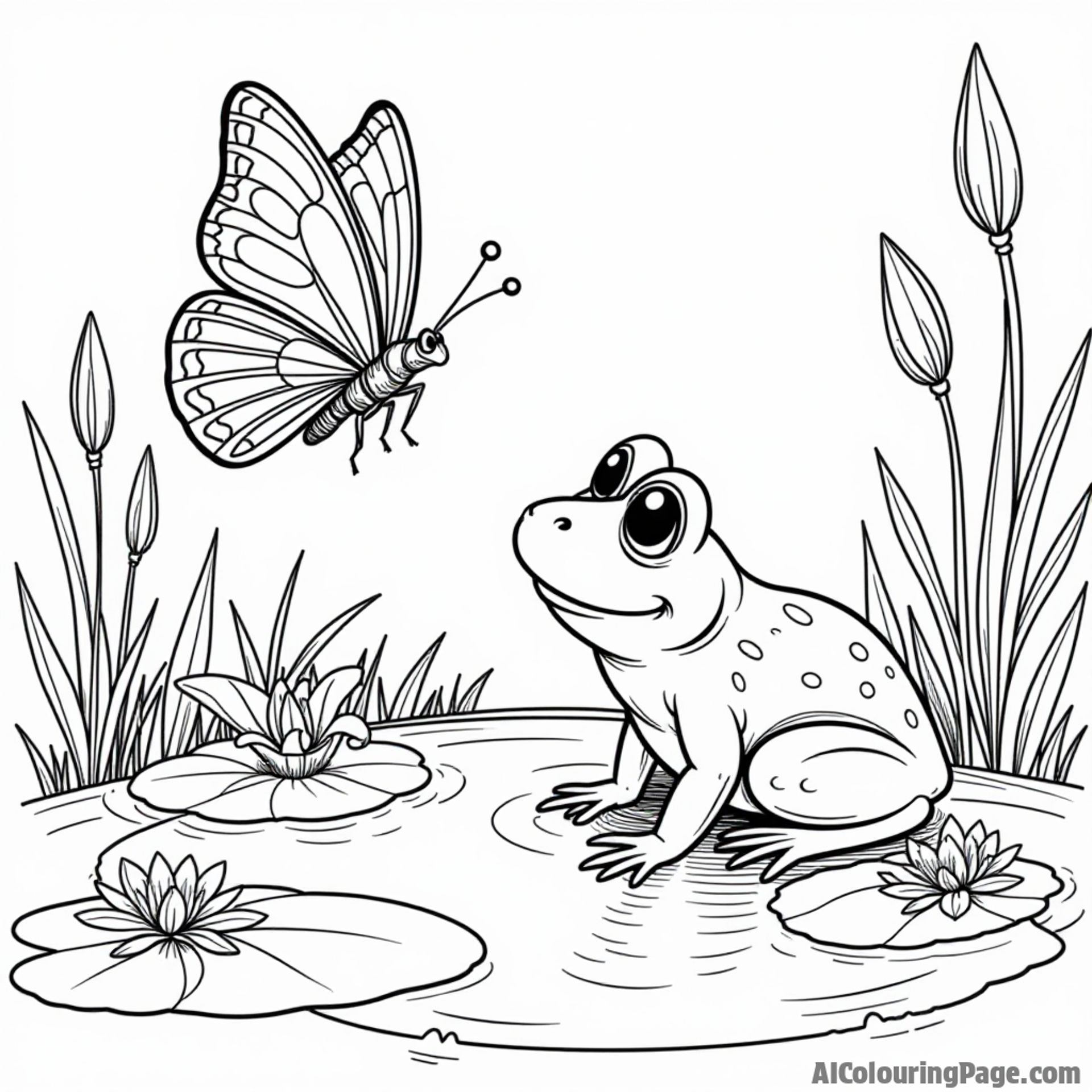 A butterfly playing with a friendly frog near a pond, with reeds and lilies all outlined for kids to color.